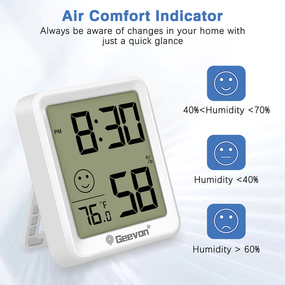 Geevon 6 Pack Digital Hygrometer Indoor Thermohygrometer , Room Thermometer Humidity Meter with Time for Home, Bedroom, Baby Room, Office, Greenhouse, Cellar (White)