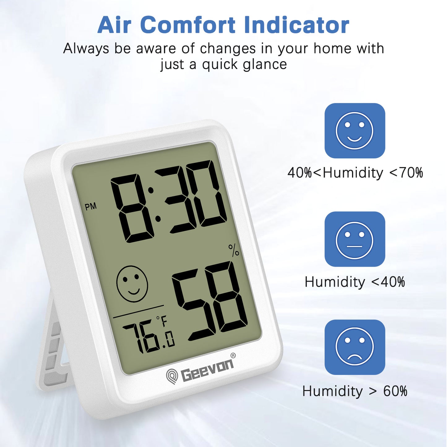 Geevon 4 Pack Digital Hygrometer Indoor Thermohygrometer , Room Thermometer Humidity Meter with Time for Home, Bedroom, Baby Room, Office, Greenhouse, Cellar (White)