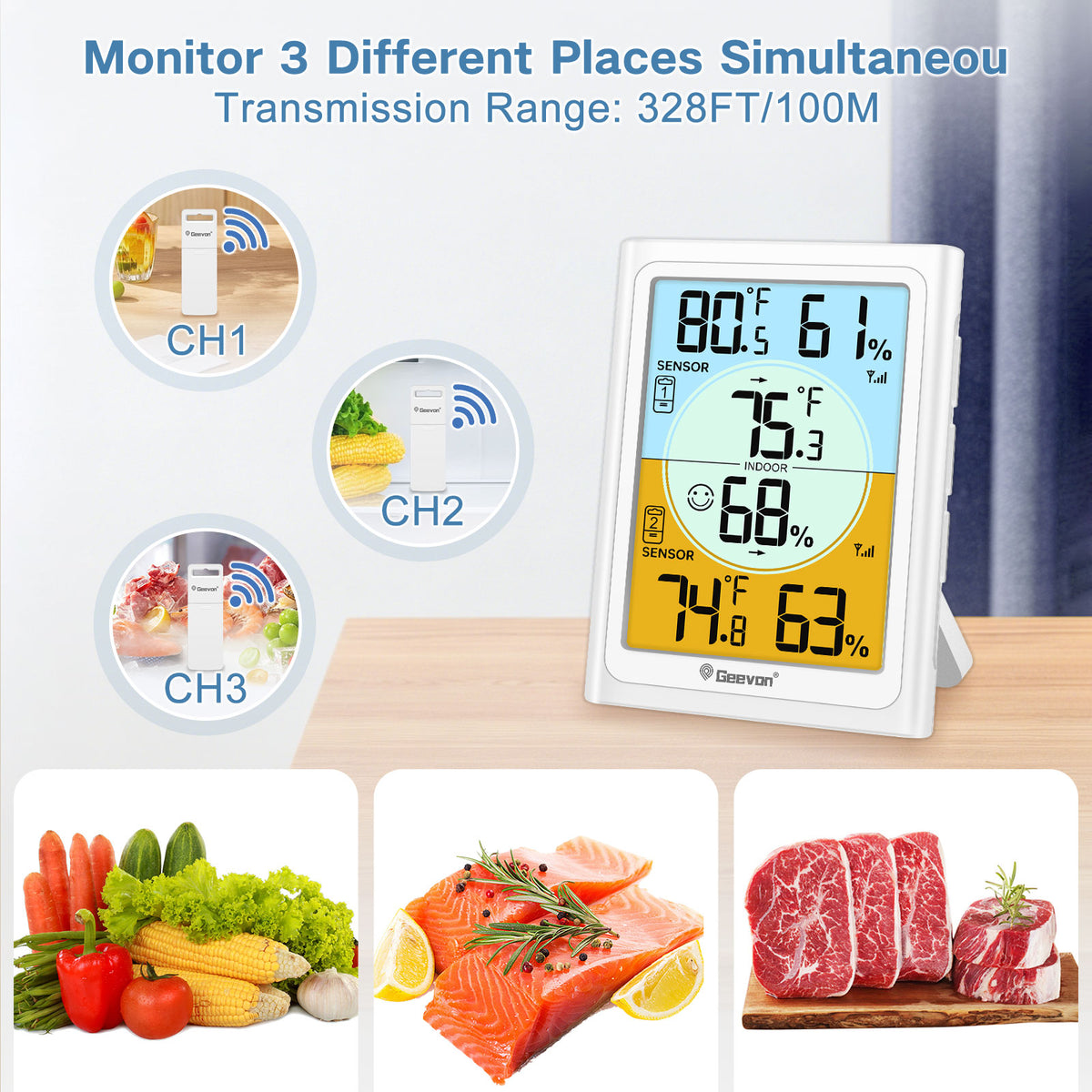Geevon Wireless Refrigerator Thermometer, Dual Sensor Wireless Digital Fridge Freezer Thermometer Hygrometer with Alarm, Backlight, 330FT Remote Range for Home and Restaurants