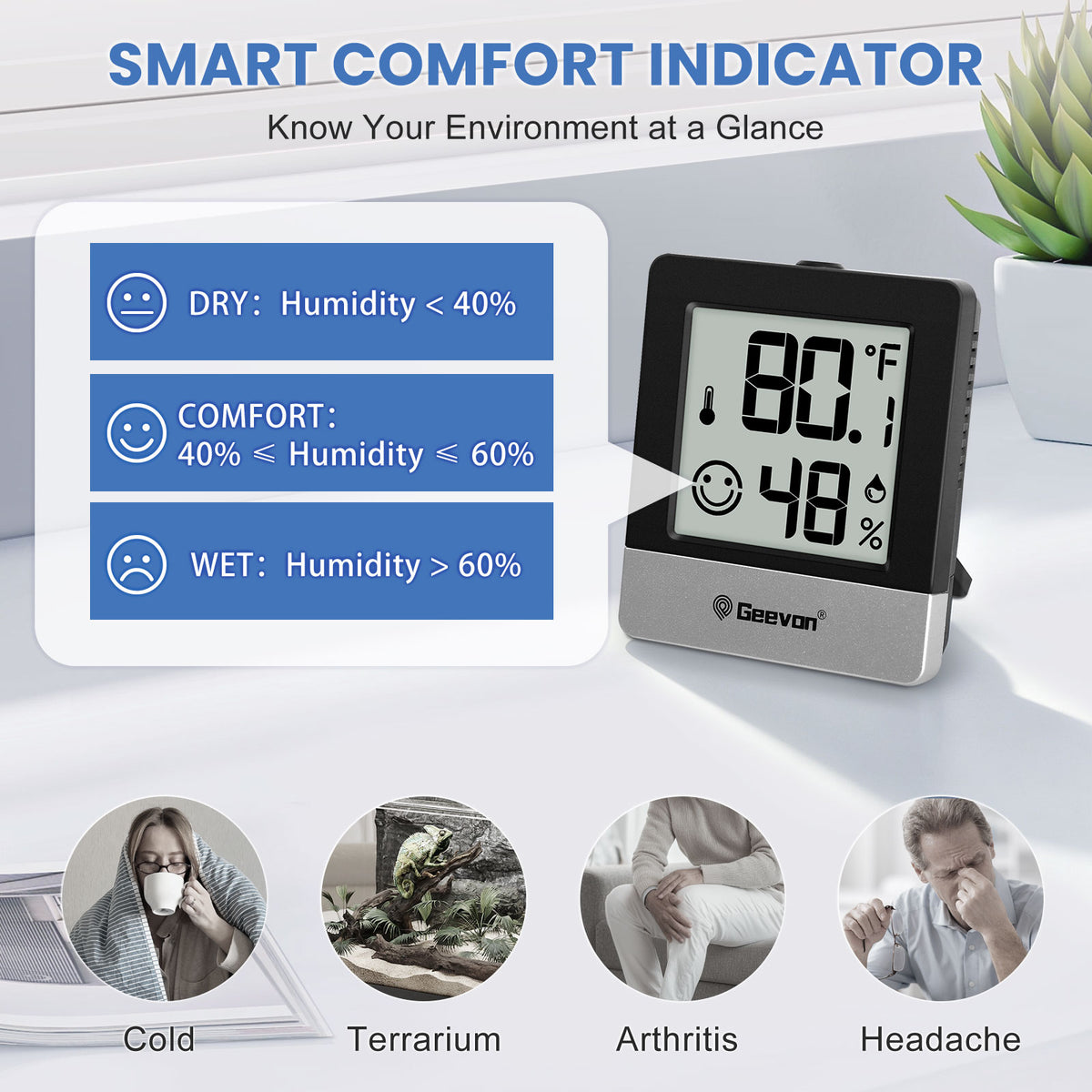Geevon Digital Hygrometer, 3 Pack Indoor Thermometer Indoor Thermohygrometer with Battery, Digital Temperature Humidity Meter Indicator for Home, Office, Greenhouse, Mini Hygrometer(Black)