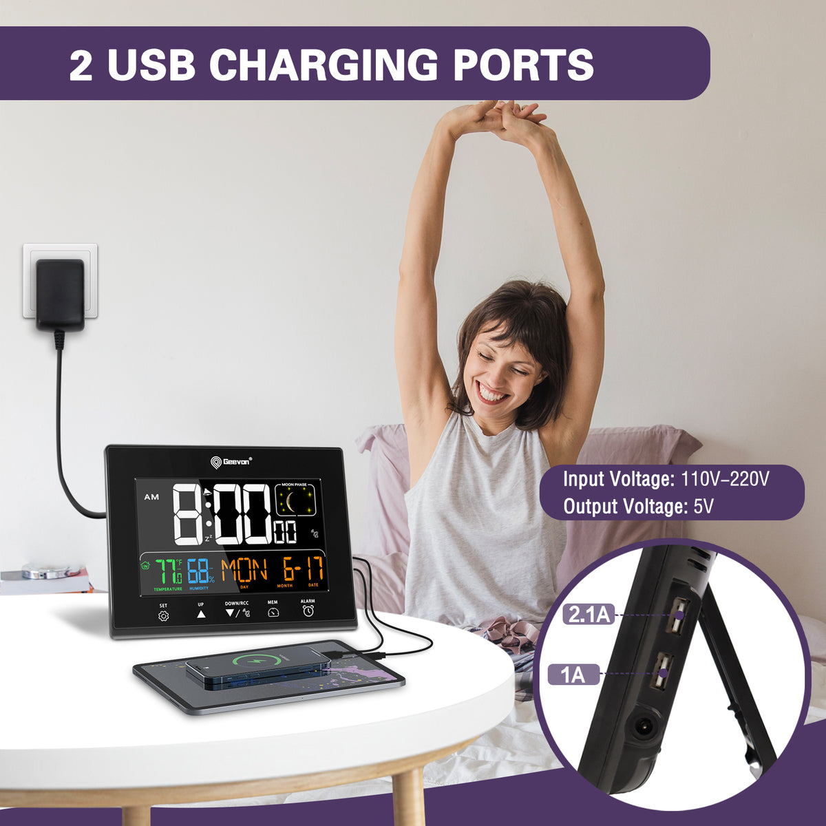Geevon Digital Atomic Alarm Clocks for Bedrooms with Battery Backup, HD Color Display Atomic Lock with Backlight, 2 USB Ports, Indoor Temperature and Humidity, Moon Phases, Time, and Calendar