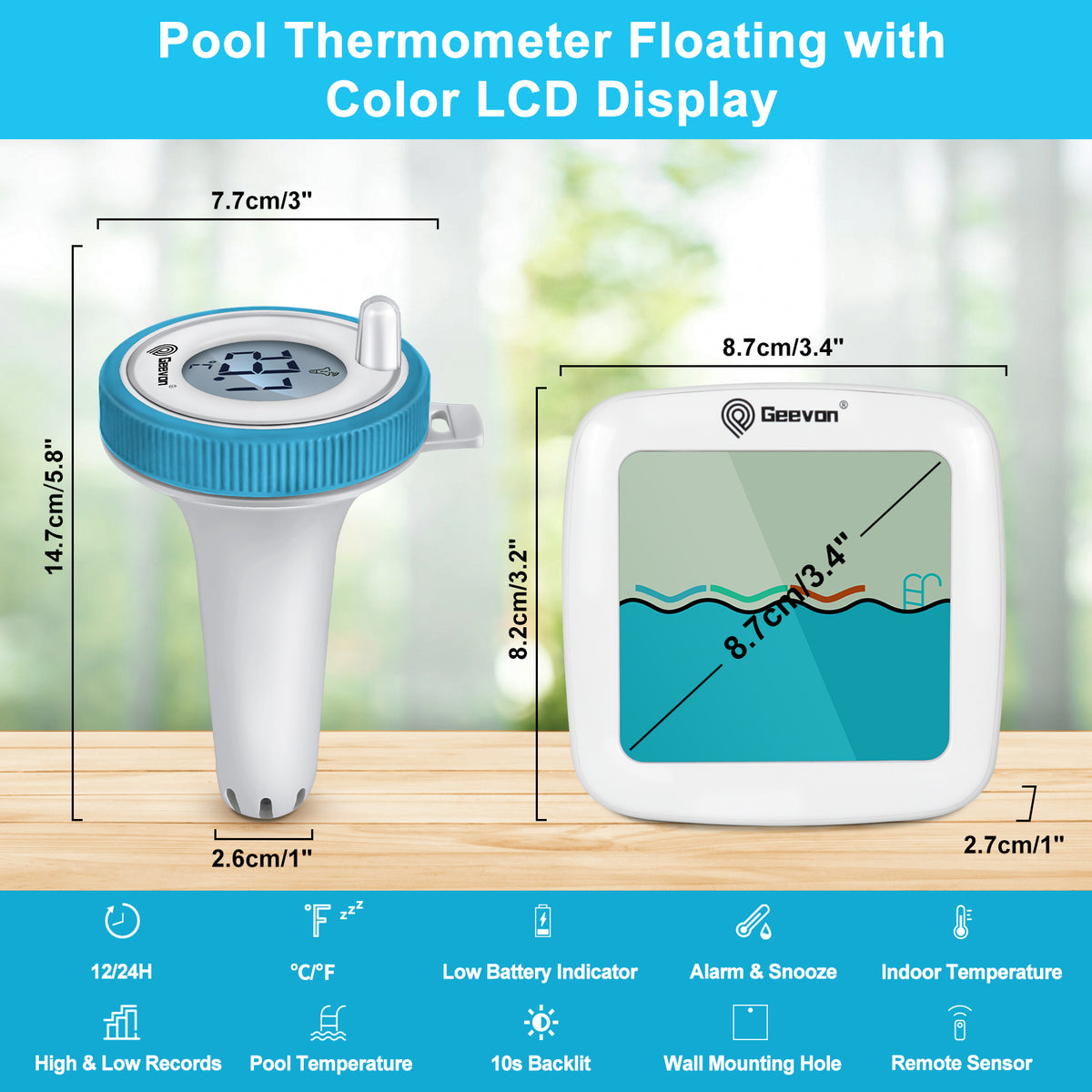 Geevon Digital Pool Thermometer Large-Size Thermometer with Backlit Display Temperature Monitor for Hot Tubs/Ice Baths/Pools/SPA/Aquariums/Ponds Spring & Summer Kit Early Warning Display Time Display with Alarm Function  12/24-Hour Format Switch