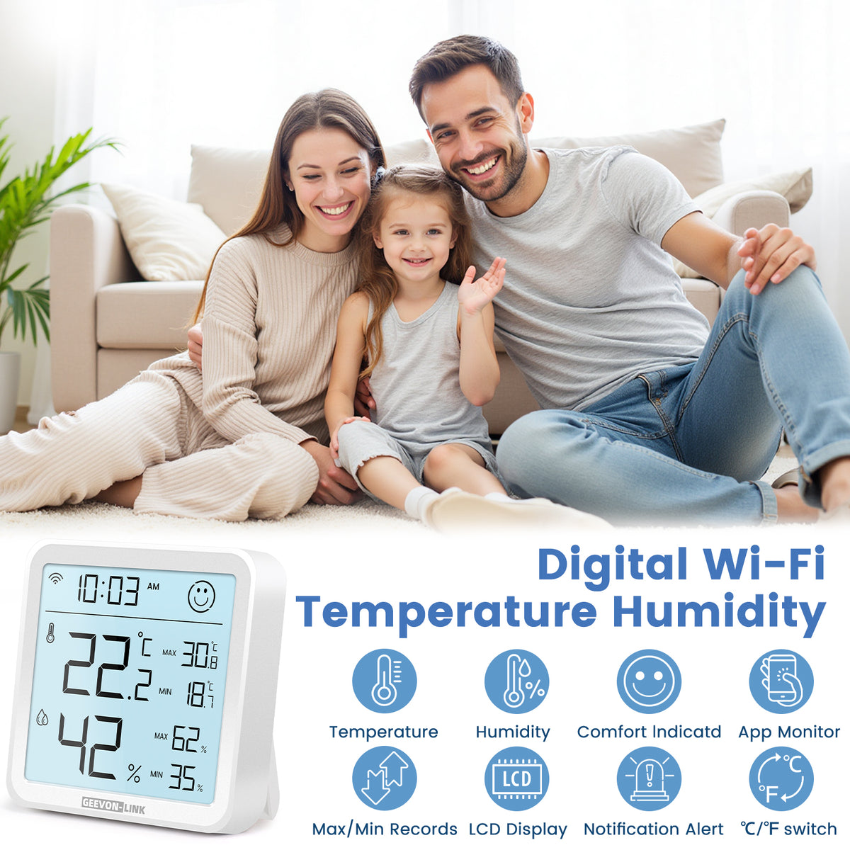 Geevon Indoor WiFi Hygrometer Thermometer, Bluetooth WiFi Humidity Temperature Gauge with Large LCD Display, with Max Min Records, Historical Data Storage and Export for Room Greenhouse(2 Pack )