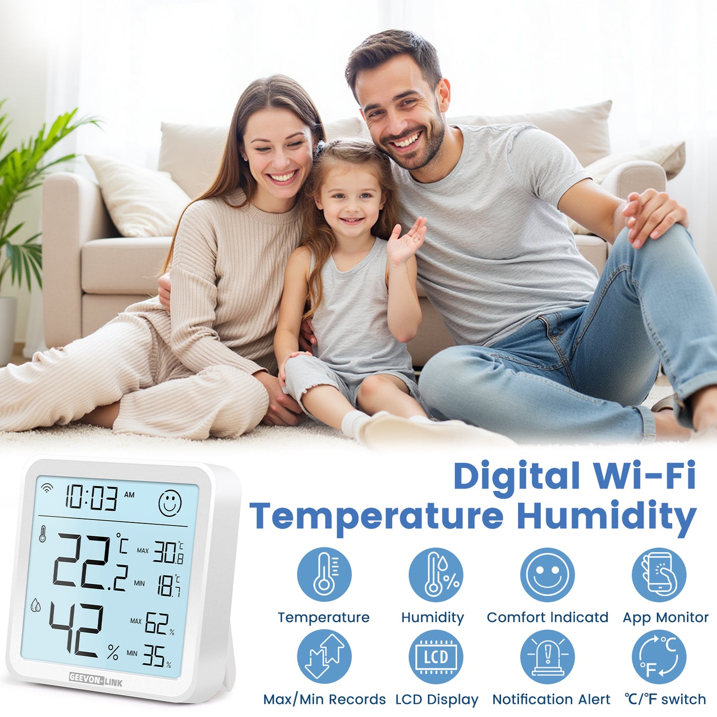 Geevon Indoor WiFi Hygrometer Thermometer, Bluetooth WiFi Humidity Temperature Gauge with Large LCD Display, with Max Min Records, Historical Data Storage and Export for Room Greenhouse(2 Pack )