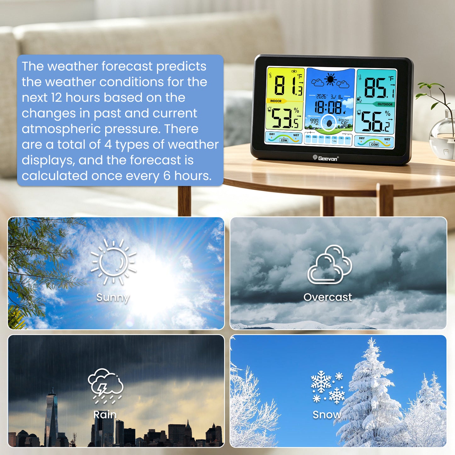 Geevon 7. 5-inch Large Screen Weather Station Wireless Indoor/Outdoor Thermometer Hygrometer with Dew Point, Heat Index, VA Display, Digital Weather Temperature Thermometer