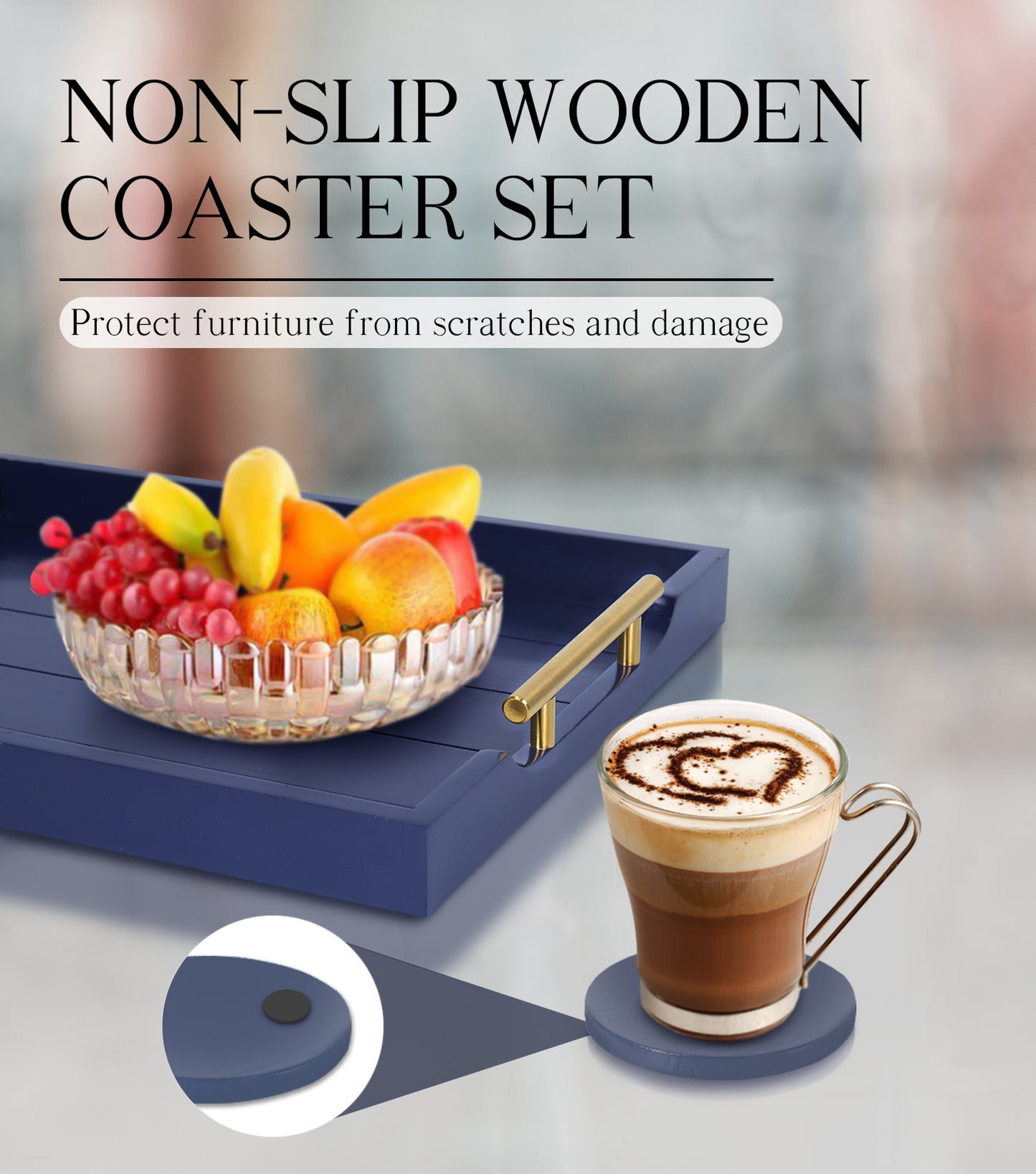 Sxnows Coffee Table Trays - Large Ottoman Tray for Living Room -Wood Serving Tray with 2 Sets of Handles - Wooden Tray for Coffee Table, 4 Round Coasters Included(Deep Blue)