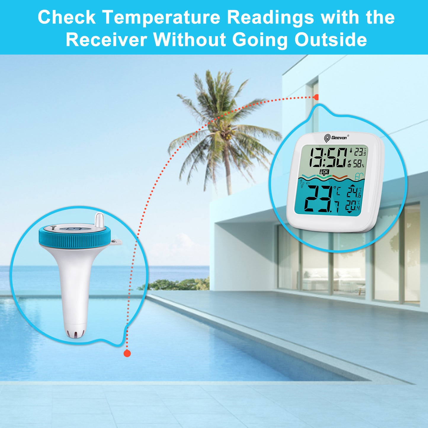 Geevon Digital Pool Thermometer Large-Size Thermometer with Backlit Display Temperature Monitor for Hot Tubs/Ice Baths/Pools/SPA/Aquariums/Ponds Spring & Summer Kit Early Warning Display Time Display with Alarm Function  12/24-Hour Format Switch
