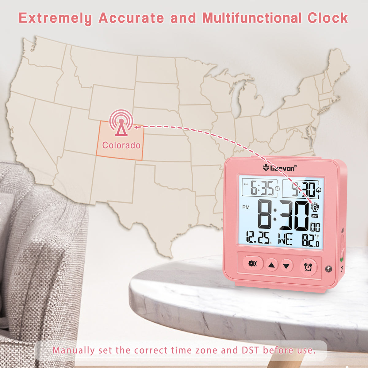 Geevon Small Digital Atomic Alarm Clock for Bedroom, Battery Operated Travel Alarm Clock with Auto/8s Backlight, 2 Alarm, Temperature, for Deep Sleepers Kids Elderly Home Office(Pink)