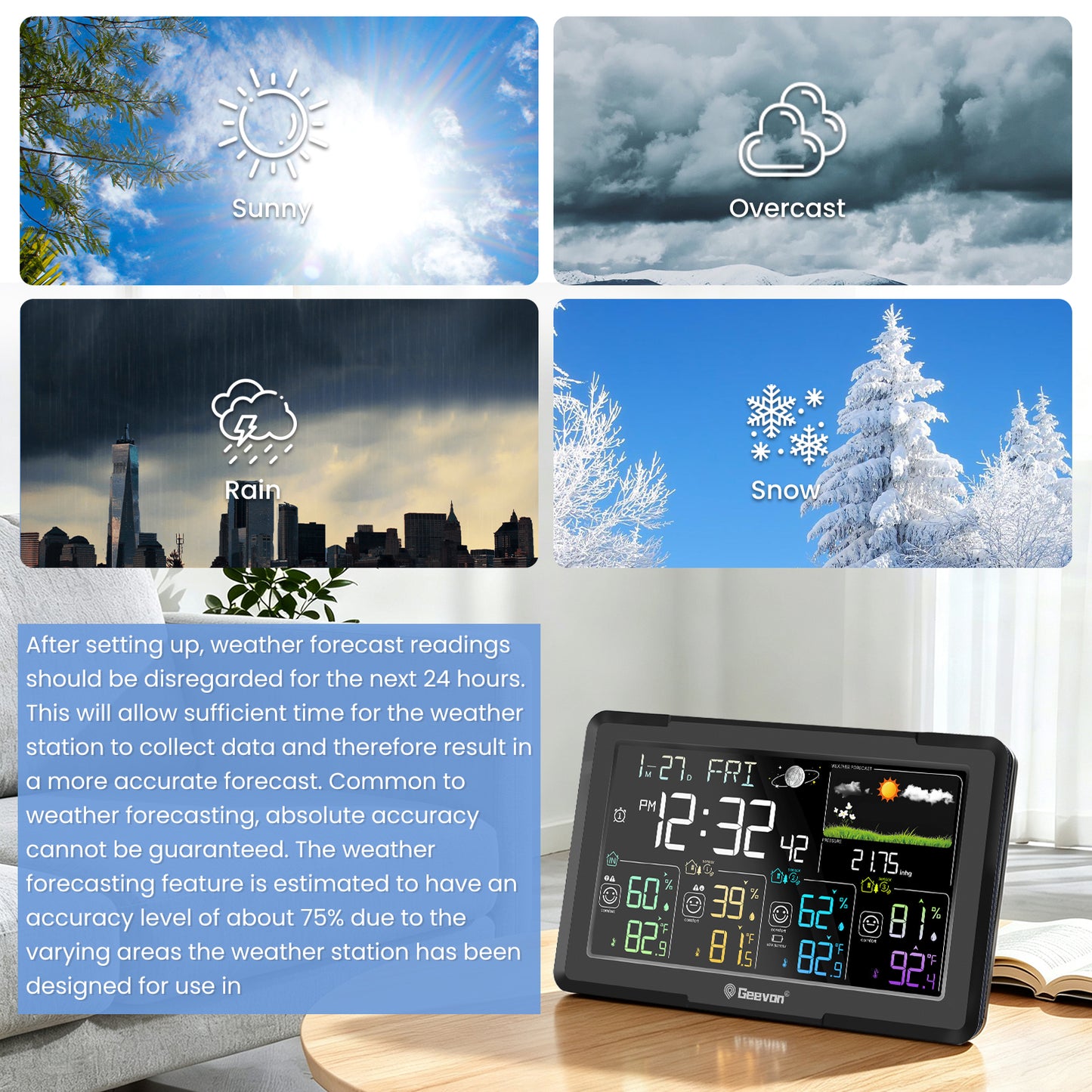 Geevon 7. 5Inch Large Screen Weather Station Wireless Indoor Outdoor Thermometer Hygrometer, With 3 Sensors, Snooze, Digital Weather Thermometer With Alarm Clock Adjustable Backlight