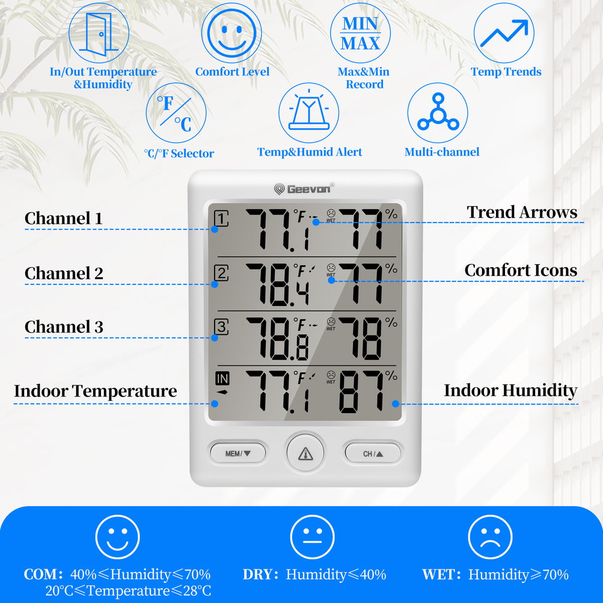 Geevon Indoor Outdoor Thermometer Wireless with 3 Remote Sensors, Wireless Thermohygrometer, Digital Temperature Humidity Meter with 200FT/60M Range(White)