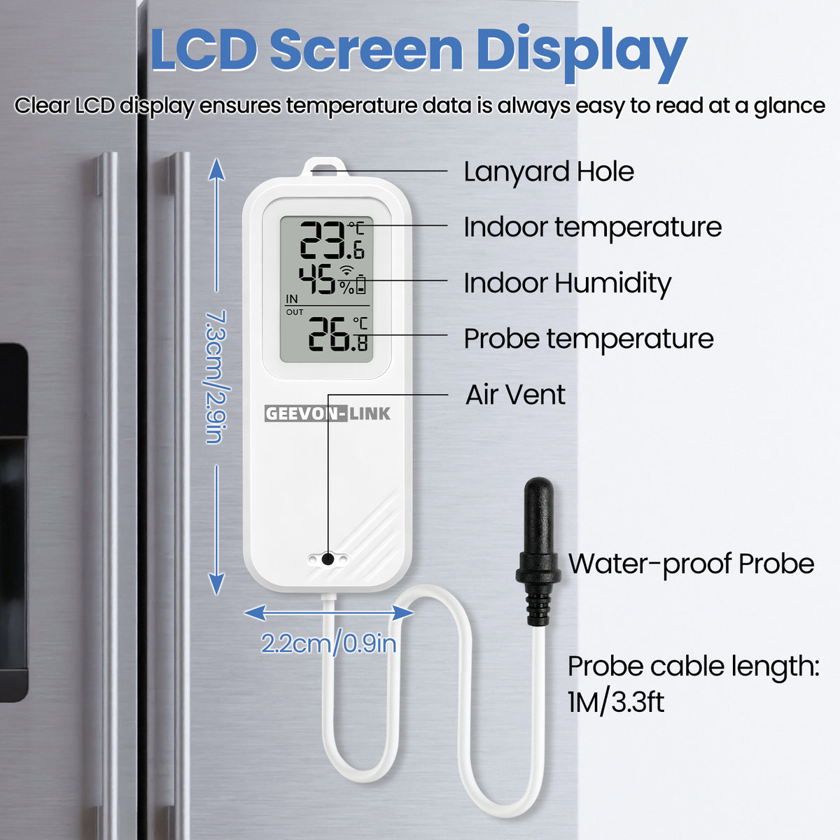 Geevon WiFi Refrigerator Thermometer with Alarm, Freezer Temperature with Probe, Wireless Digital Fridge Thermometer Humidity Sensor, Historical Data Export, for Home Kitchen Fridge Tub(1 Pack)