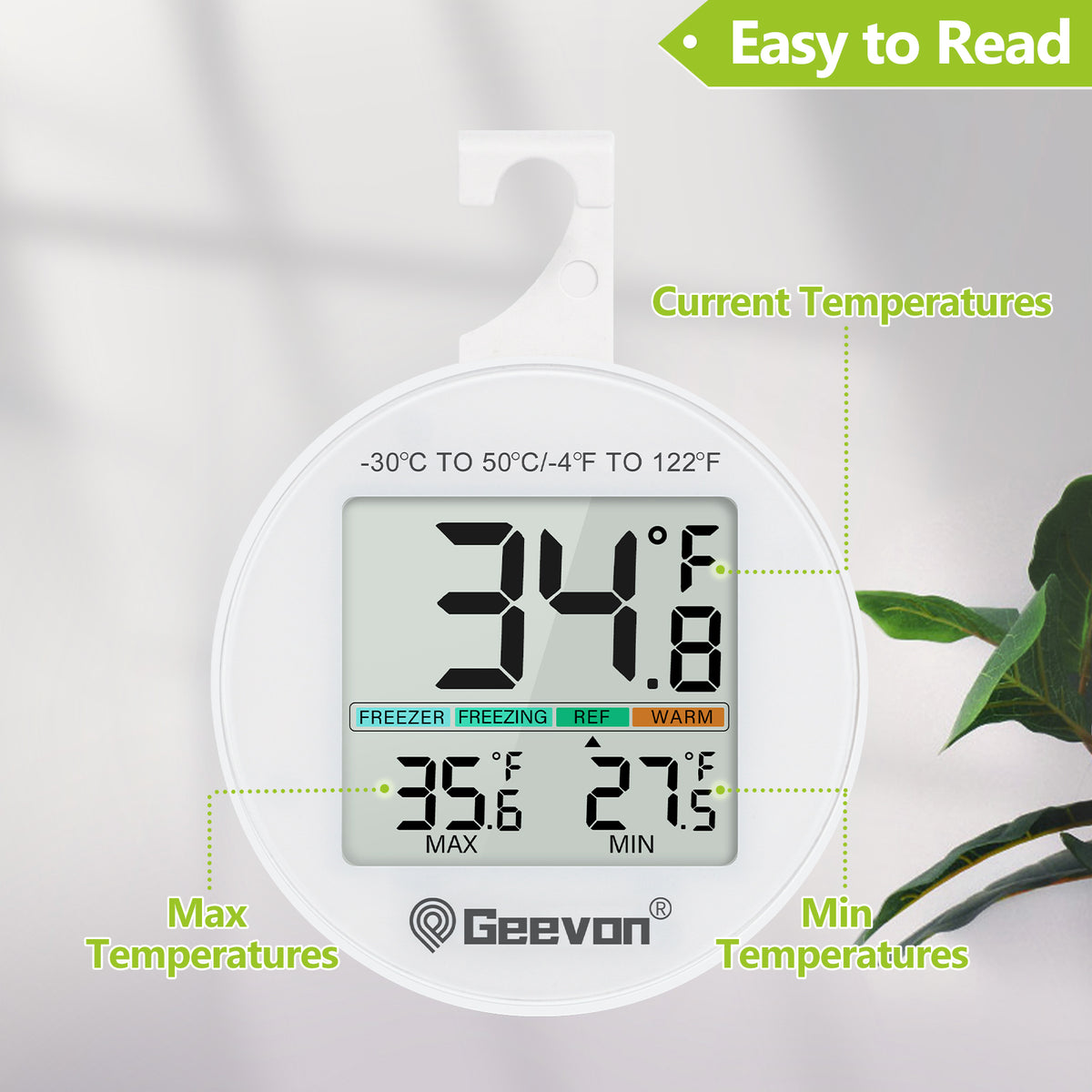 Geevon Small Digital Refrigerator Thermometer 2 Pack, IP65 Waterproof Max/Min Record Function with LCD Screen, Stand and Magnetic Back, for Fridge, Freezer Scenarios(Battery Included)