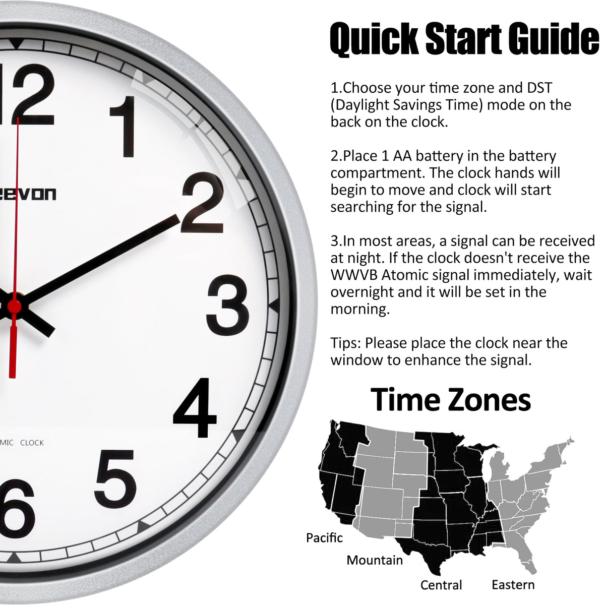 Geevon 12 Inch Atomic Analog Wall Clock, Sets Automatically Wall Clock Battery Operated, Easy to Read Atomic Clock for Kitchen/School/Classroom/Living Room