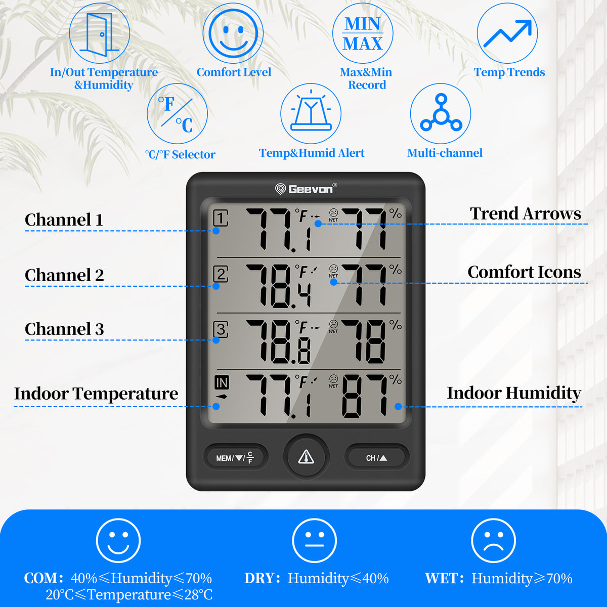 Geevon Indoor Outdoor Thermometer Wireless with 3 Remote Sensors, Wireless Thermohygrometer, Digital Temperature Humidity Meter with 200FT/60M Range(Black)