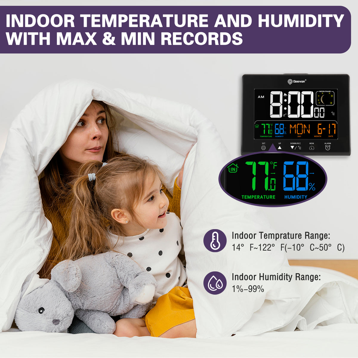 Geevon Digital Atomic Alarm Clocks for Bedrooms with Battery Backup, HD Color Display Atomic Lock with Backlight, 2 USB Ports, Indoor Temperature and Humidity, Moon Phases, Time