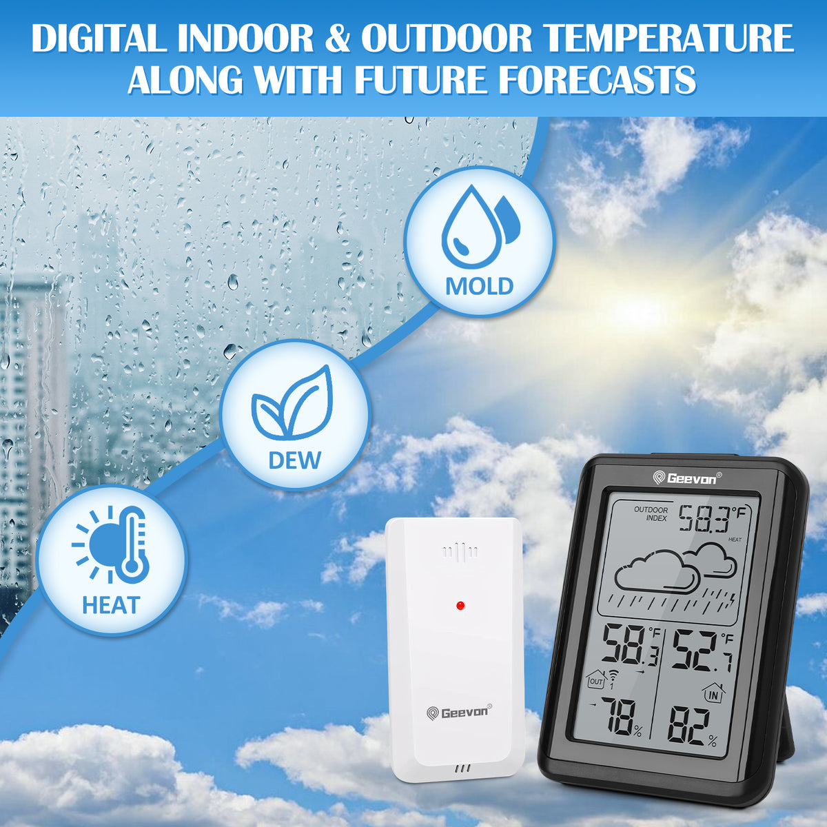Geevon Indoor Outdoor Thermometer Wireless, Digital Temperature Humidity Monitor with Large Display, Thermohygrometer with Weather, 3 Channel, Mold/Dew/Heat, 10s Backlight, 200FT/60M Range