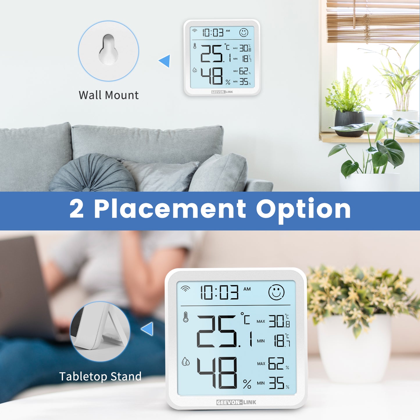 Geevon Indoor WiFi Hygrometer Thermometer, Bluetooth WiFi Humidity Temperature Gauge with Large LCD Display, with Max Min Records, Historical Data Storage and Export for Room Greenhouse(2 Pack )