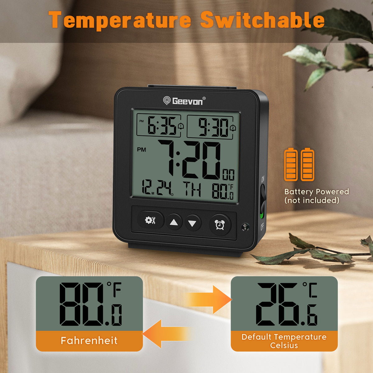 Geevon Smart Night Light Small Digital Alarm Clock with 2 Increasing Beep Alarm, Indoor Temperature, Battery Operated Travel Alarm Clock for Bedroom, Bedside, Desk(Black)