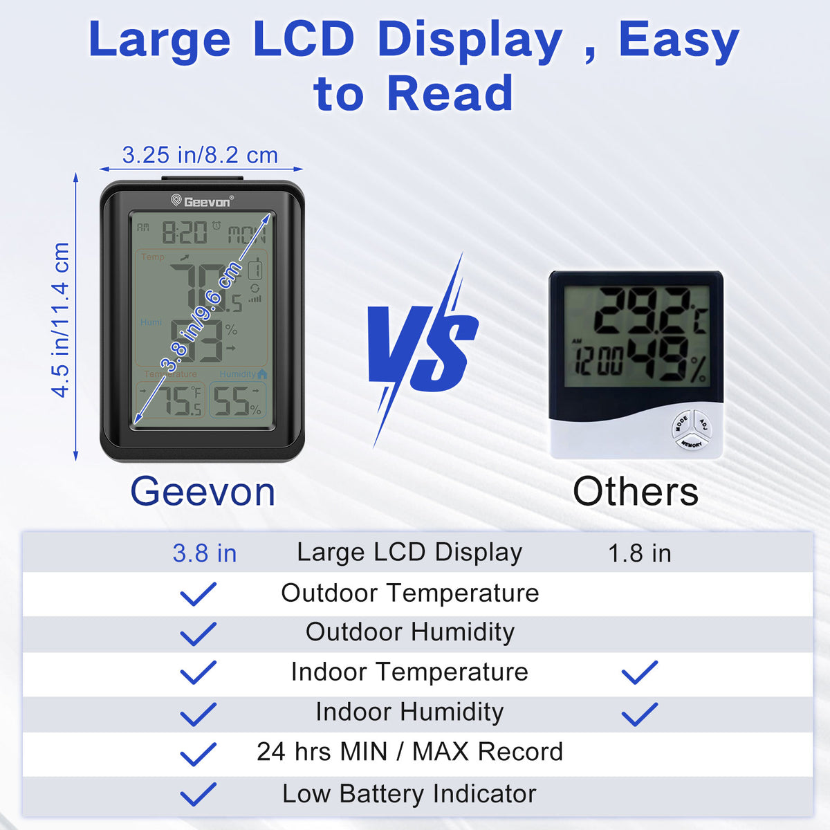 Geevon Indoor Outdoor Thermometer Wireless, Digital Temperature & Humidity Monitor with Alarm Clock, 3.8" Large Display, Backlight, 3 Channels, Battery Operated for Home, Bedroom, Greenhouse