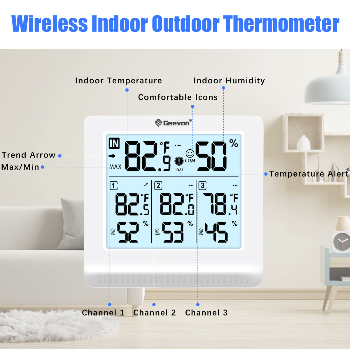 Geevon Indoor Outdoor Thermometer Wireless with 3 Remote Sensors, Wireless Thermohygrometer, Digital Temperature Humidity Meter with Backlight, 200FT/60M Transmission