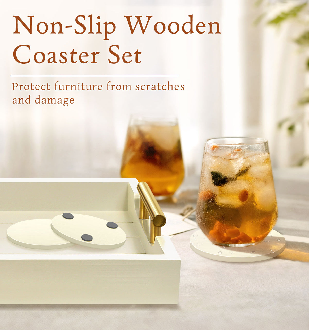 Sxnows Coffee Table Trays - Large Ottoman Tray for Living Room -Wood Serving Tray with 2 Sets of Handles - Wooden Tray for Coffee Table, 4 Round Coasters Included(Off-White)