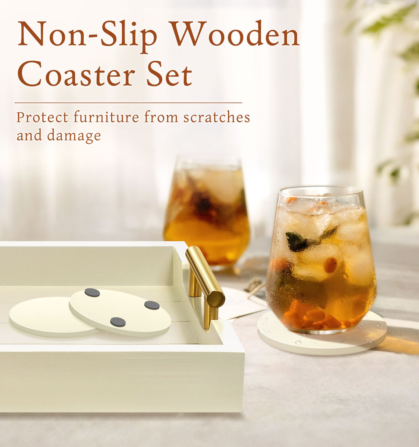 Sxnows Coffee Table Trays - Large Ottoman Tray for Living Room -Wood Serving Tray with 2 Sets of Handles - Wooden Tray for Coffee Table, 4 Round Coasters Included(Off-White)