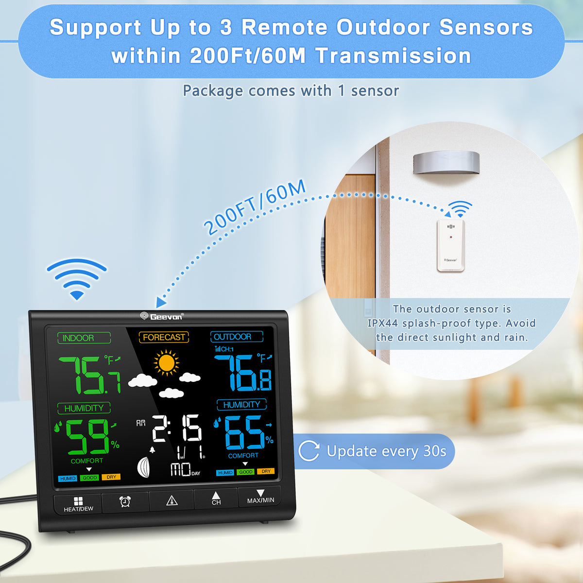 Geevon Weather Station Indoor Outdoor Thermometer Wireless, Digital Thermometer Temperature Humidity Monitor with Comfort Indicator, Adjustable Backlight, Alarm Clock and Calendar(350°view angle)