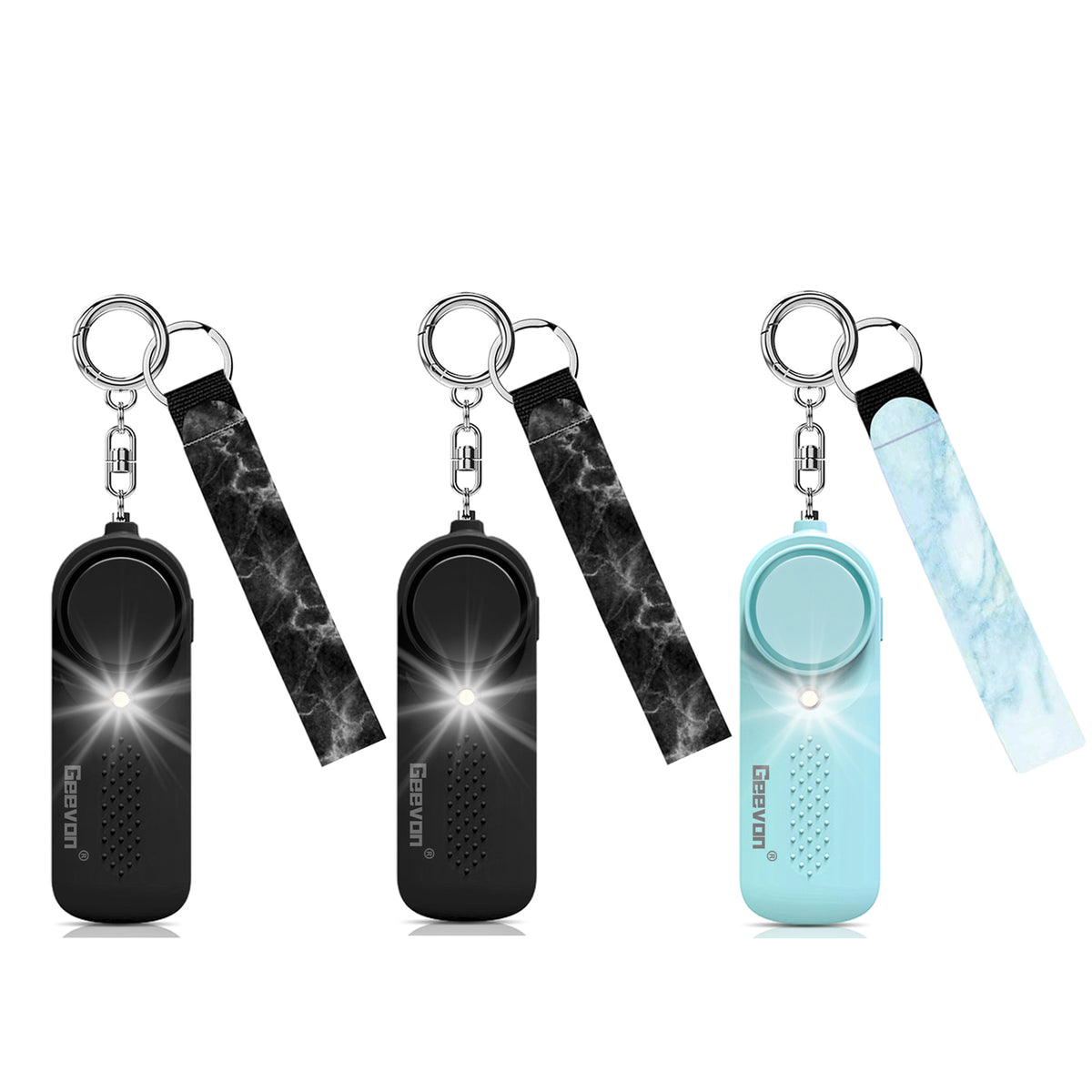 Geevon 3 Pack Personal Safety Alarms, 130DB Safe Sound Self Defense Alarm Siren with Strobe Light, Emergency Security Alert Devices for Women, Elderly, Children (2 Pack Black & 1 Pack Mint Green)