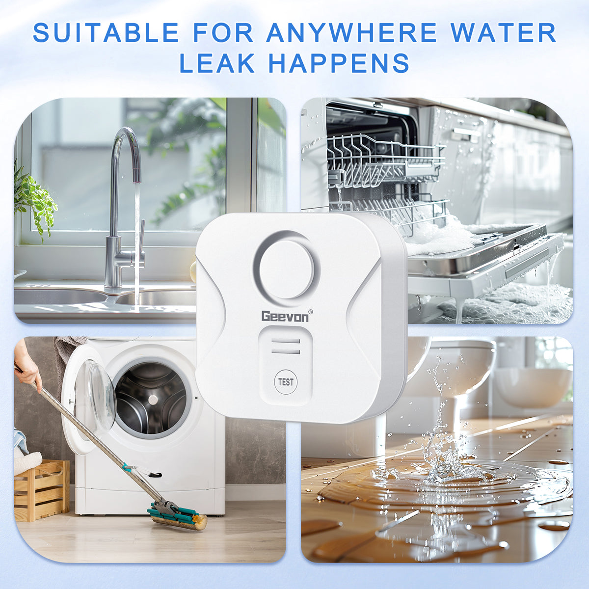 Geevon 5 Pack Water Leak Detectors for Home, 100dB Loud Water Sensor Alarm Leak Detectors with Drip Alert for Kitchen, Basements, Laundry Rooms, IP56 Waterproof(Battery Included)
