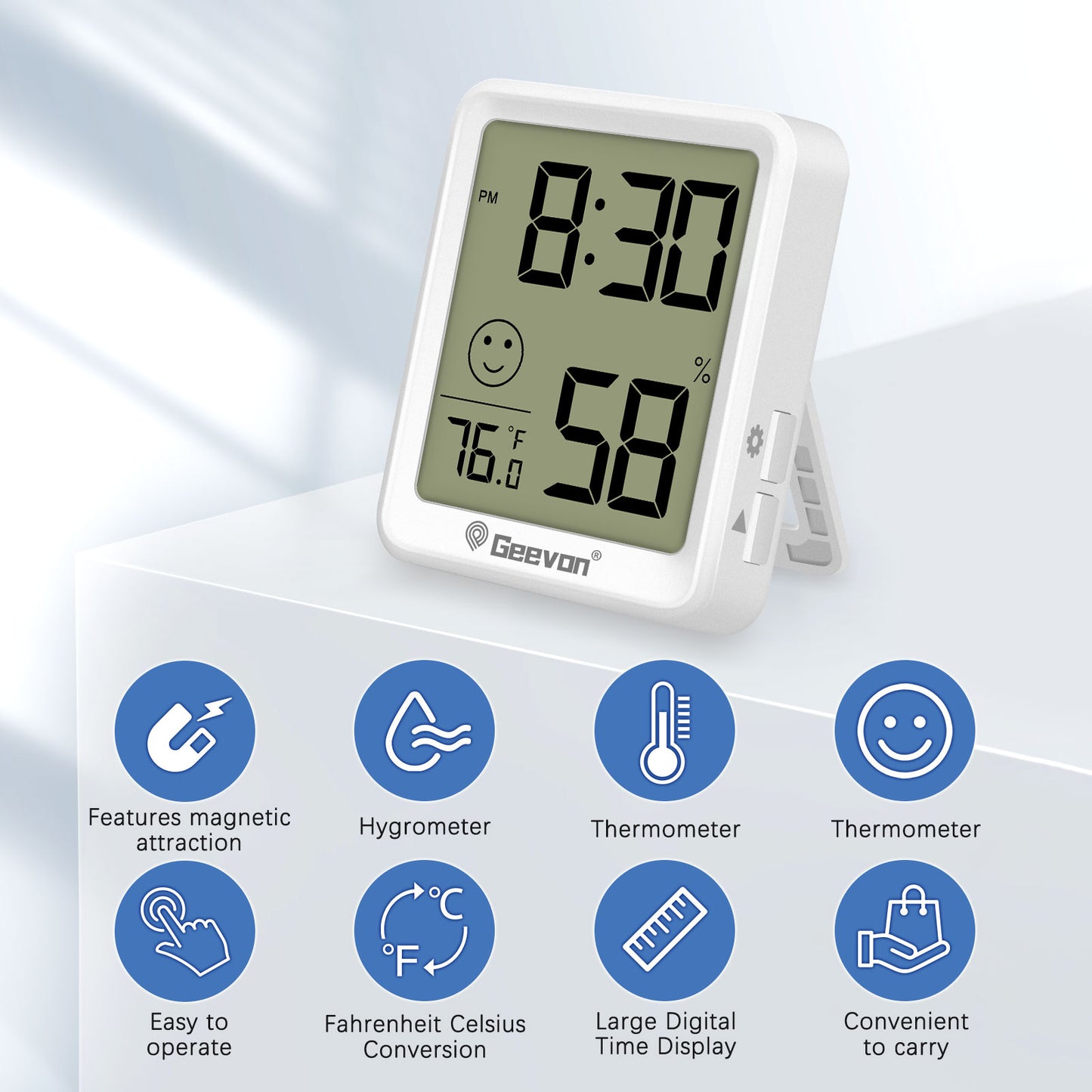 Geevon 4 Pack Digital Hygrometer Indoor Thermohygrometer , Room Thermometer Humidity Meter with Time for Home, Bedroom, Baby Room, Office, Greenhouse, Cellar (White)