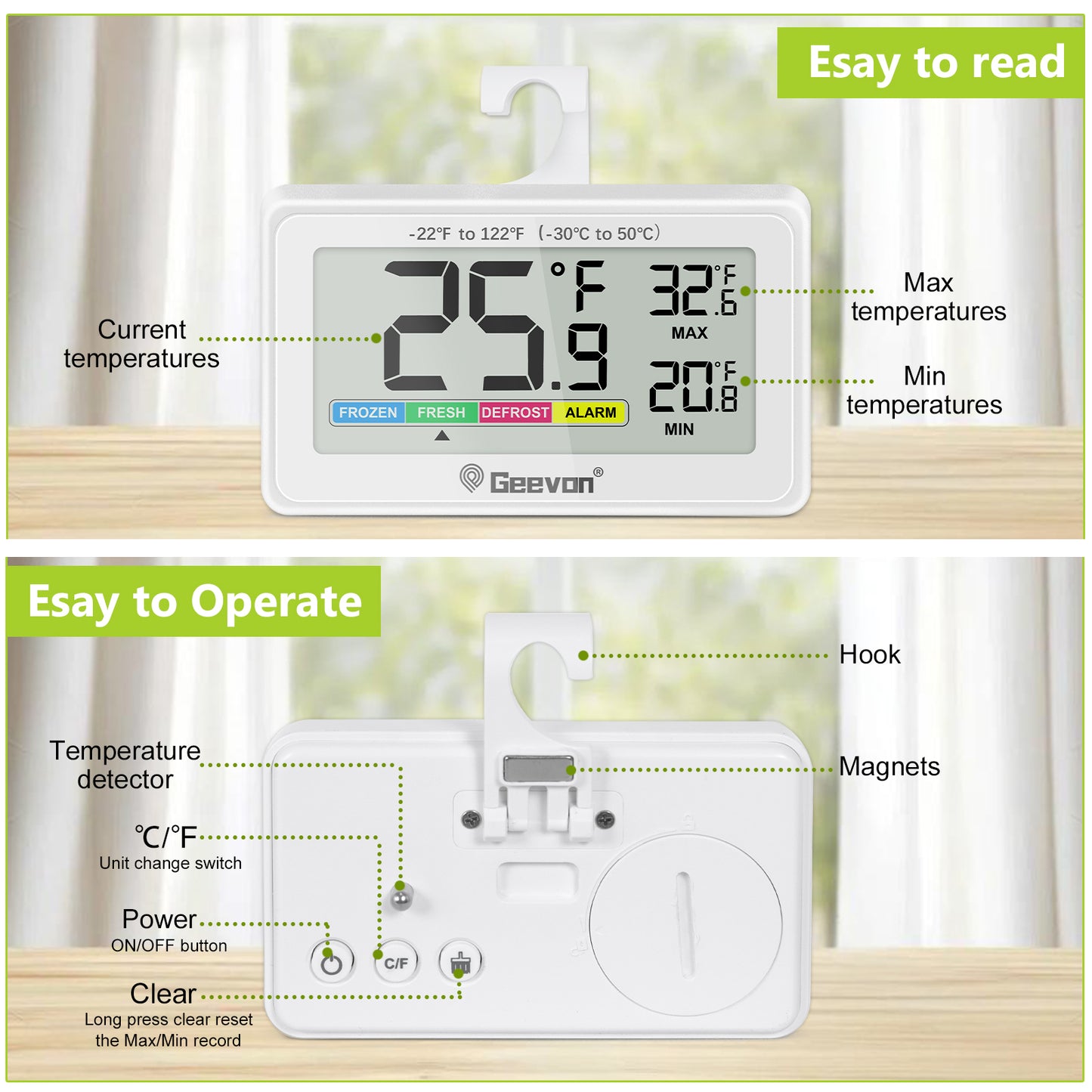 Geevon Digital Refrigerator Thermometers 2 Pack, IP65 Waterproof Fridge and Freezers Thermometer with Magnetic Back Large LCD, Max/Min Record Function for Home, Commercial