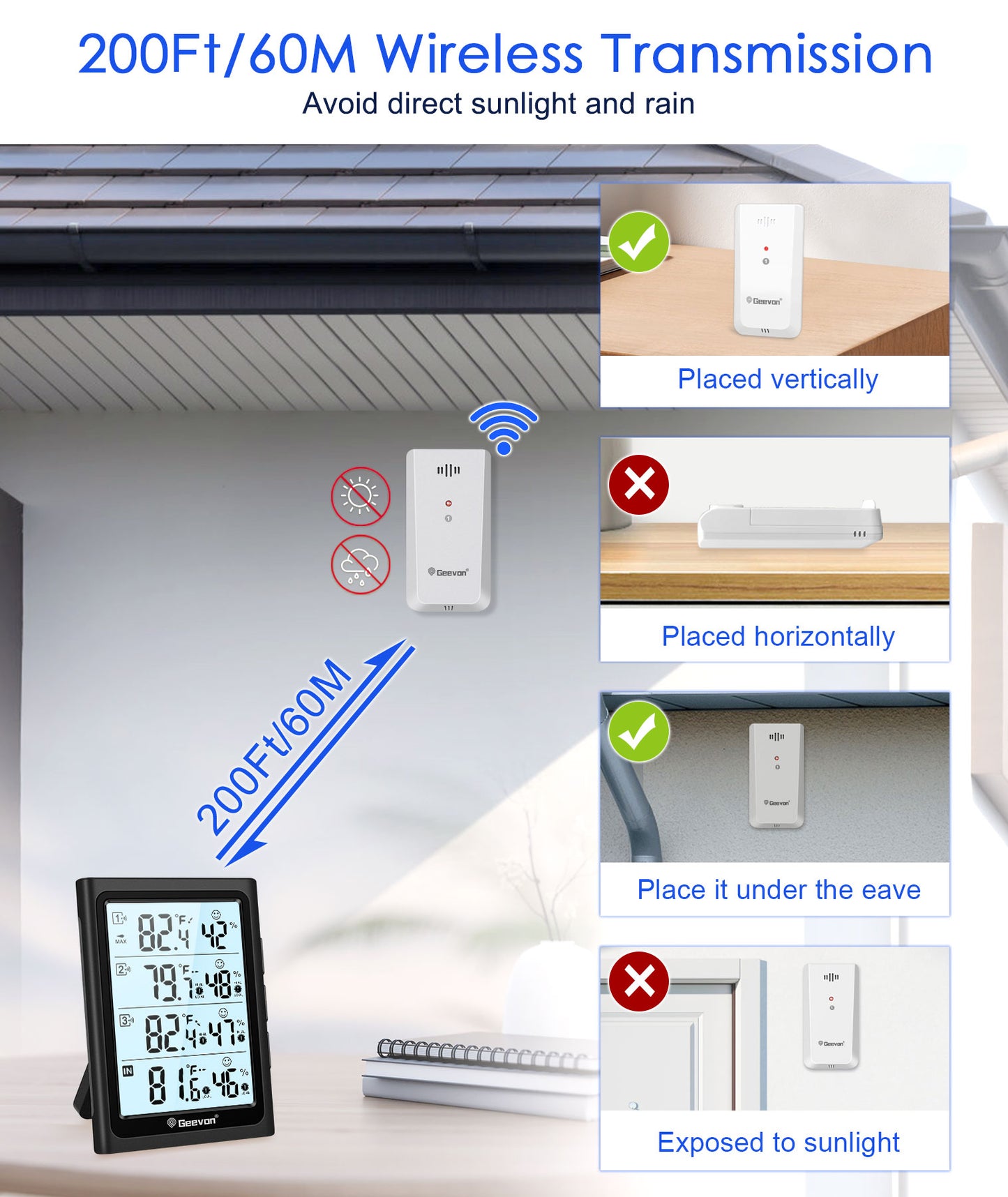 Geevon Indoor Outdoor Thermometer Digital Wireless with 3 Outdoor Sensors, Large LCD Display Digital Temperature Humidity Gauge with Backlight (LCD Display)