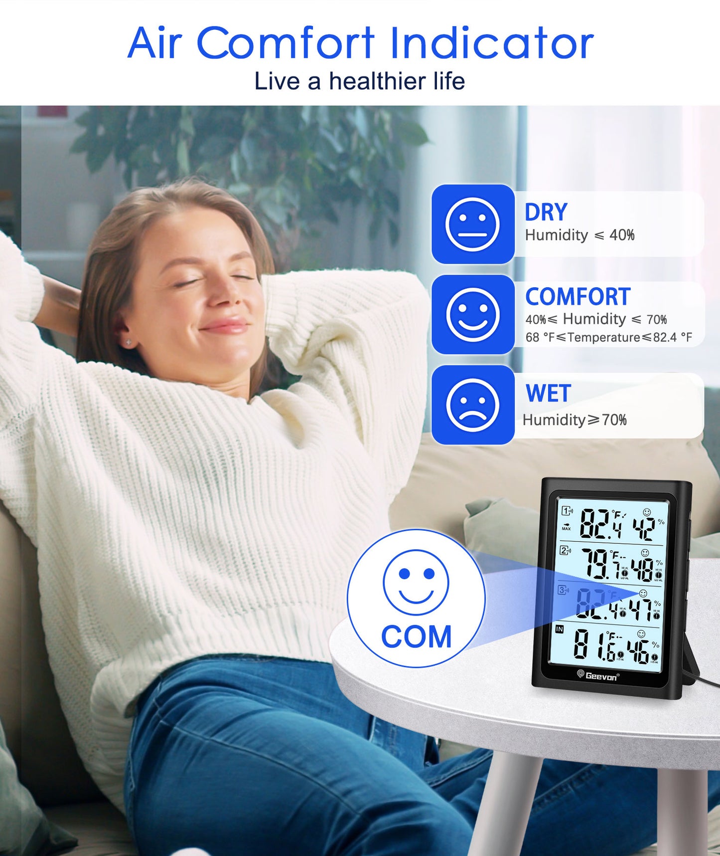 Geevon Indoor Outdoor Thermometer Digital Wireless with 3 Outdoor Sensors, Large LCD Display Digital Temperature Humidity Gauge with Backlight (LCD Display)