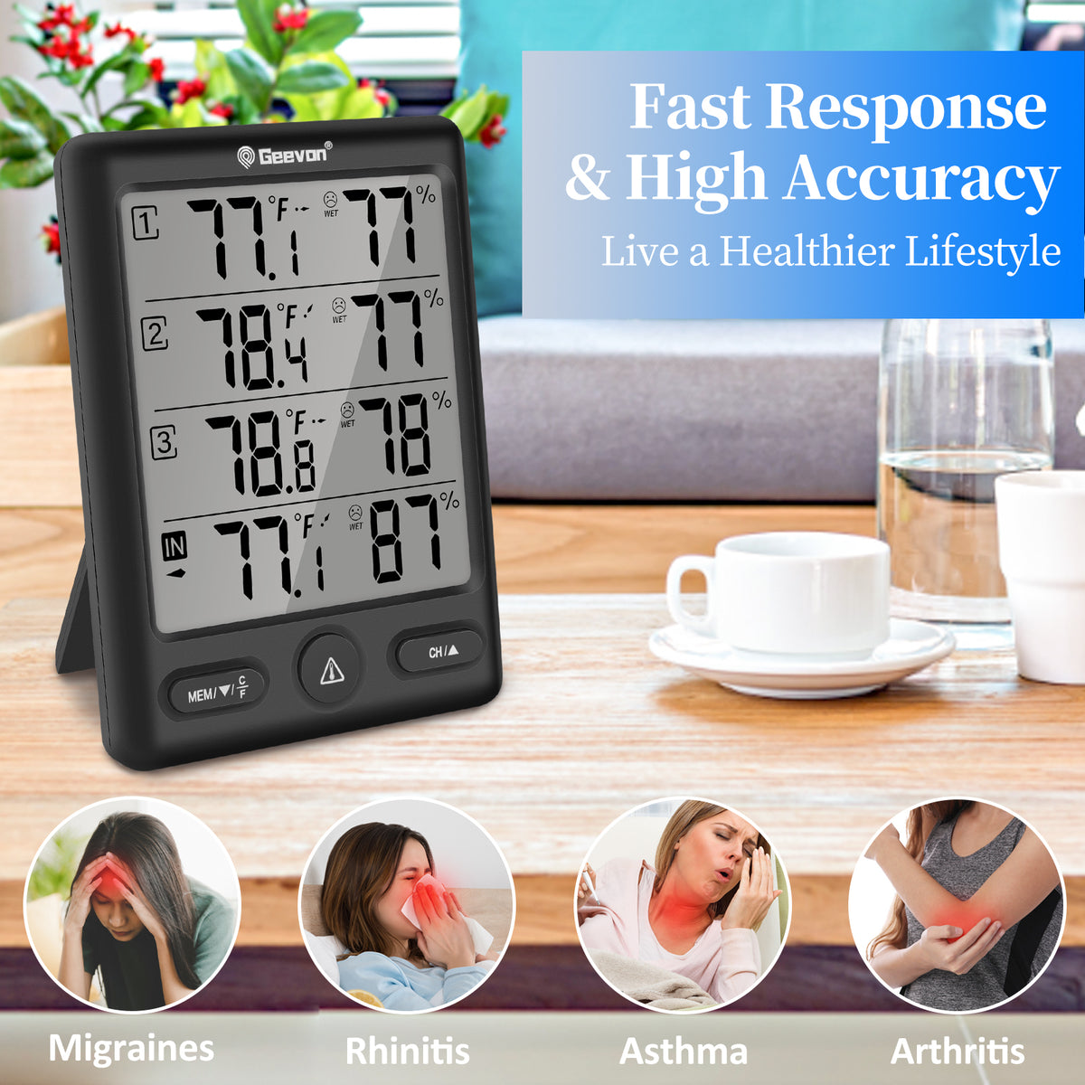 Geevon Indoor Outdoor Thermometer Wireless with 3 Remote Sensors, Wireless Thermohygrometer, Digital Temperature Humidity Meter with 200FT/60M Range(Black)