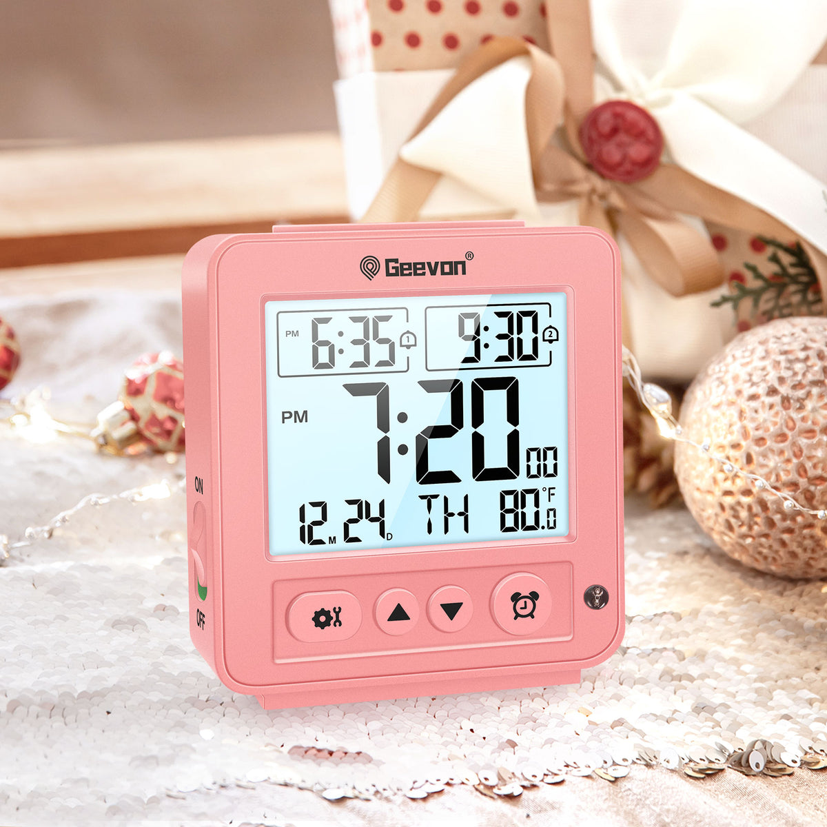 Geevon Smart Night Light Small Digital Alarm Clock with 2 Increasing Beep Alarm, Indoor Temperature, Battery Operated Travel Alarm Clock for Bedroom, Bedside, Desk(Pink)