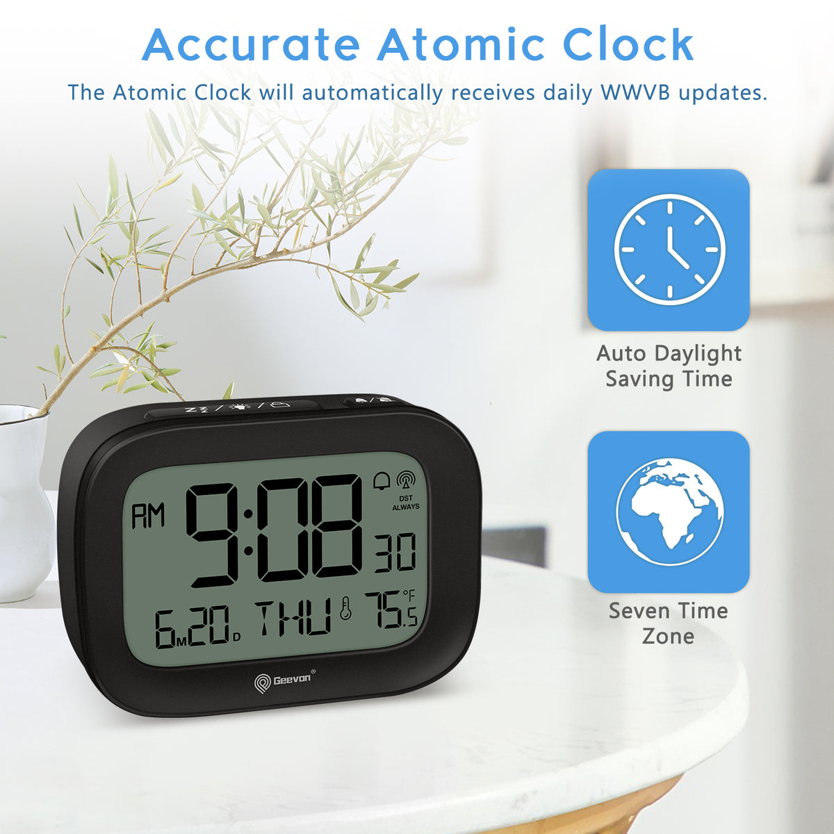 Geevon Small Digital Atomic Alarm Clock for Bedroom Heavy Sleepers, Mini Travel Alarm Clock with 10s Backlight, 12/24H, Temp, Suitable for Kids Teens Adult Boy Girl(Black)