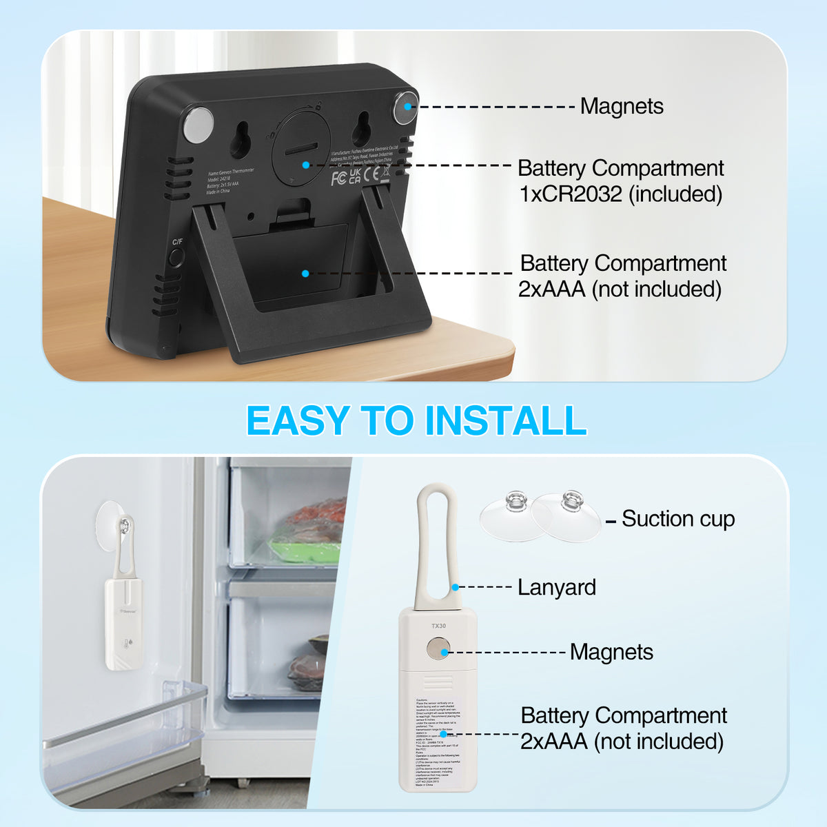 Geevon Digital Refrigerator Thermometer with Alarm, Low Battery Warning Icon, Max/Min Temperature LCD Display, Suitable for Domestic or Commercial Use Freezer Thermometer with Alarm
