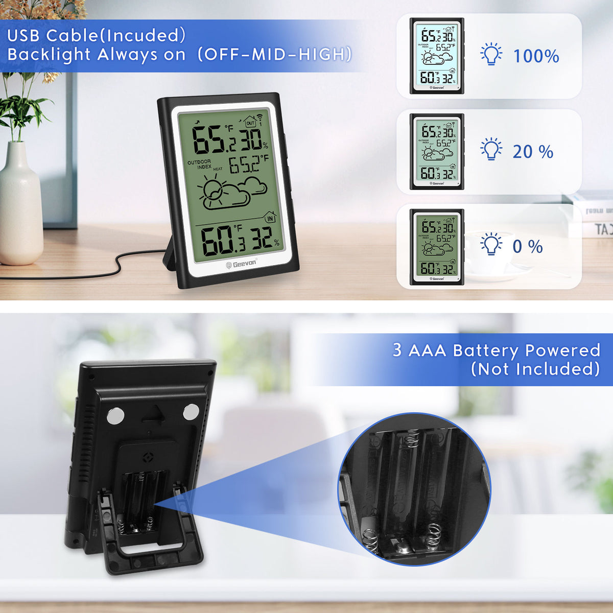 Geevon Large Display Digital Indoor Outdoor Thermometer Hygrometer, Wireless Indoor Outdoor Thermohygrometers, Wireless Weather Station with 200ft/60m Range Sensors, Black