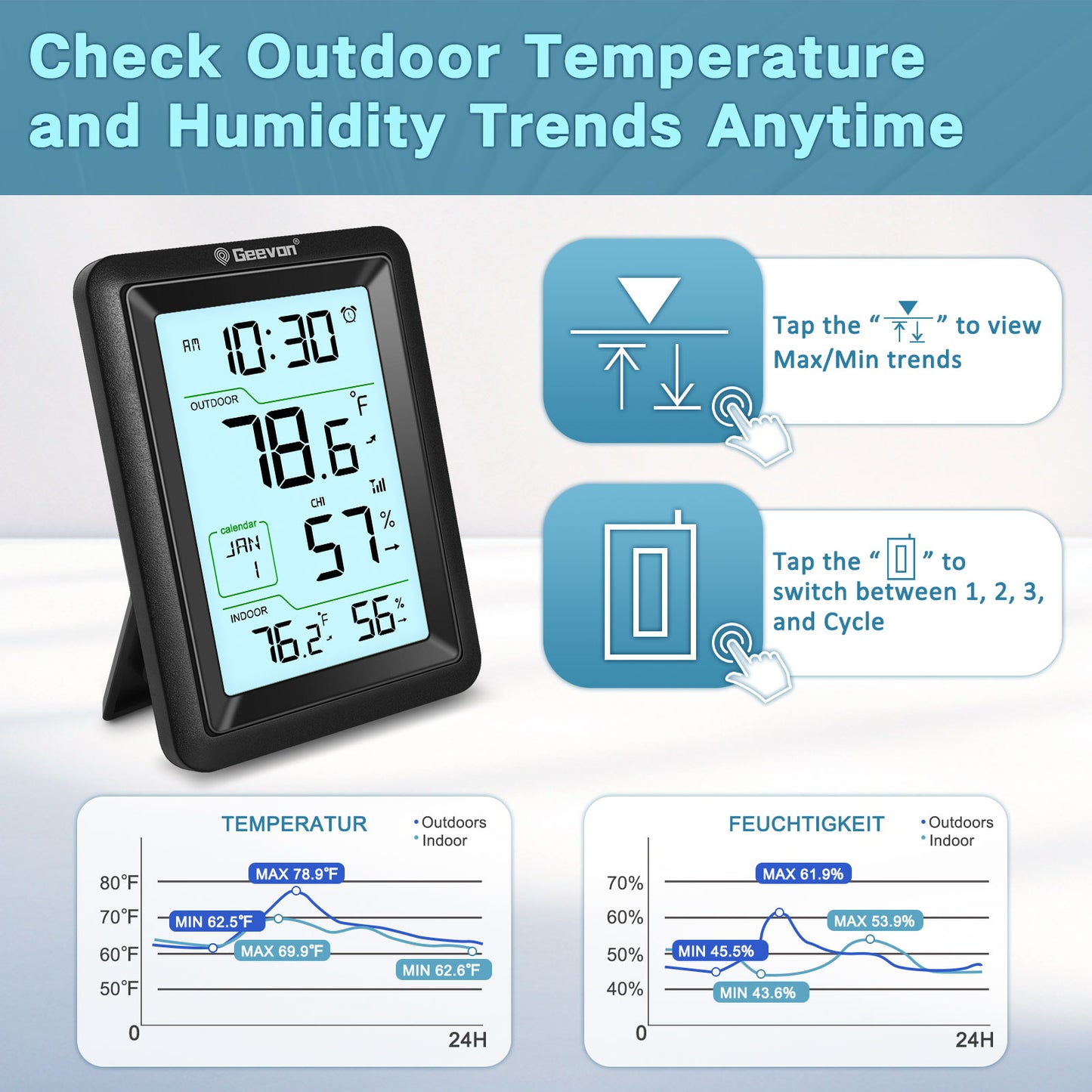 Geevon Wireless Indoor Outdoor Thermometer & Hygrometer with Remote Sensor, Digital Thermohygrometer Monitor with Alarm Clock, 10s Backlight, for Home, Bedroom, Greenhouse