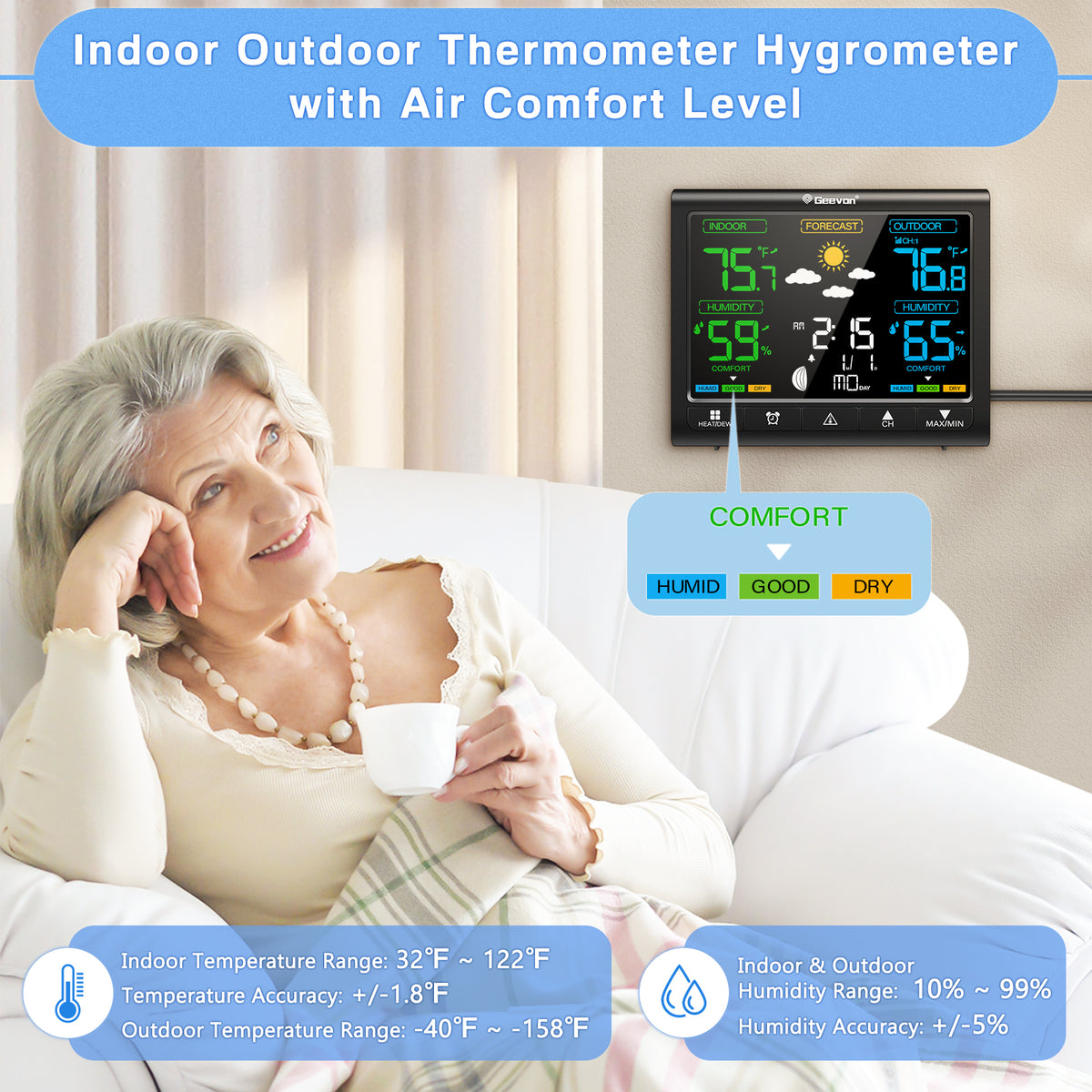 Geevon Weather Station Indoor Outdoor Thermometer Wireless, Digital Thermometer Temperature Humidity Monitor with Comfort Indicator, Adjustable Backlight, Alarm Clock and Calendar(350°view angle)