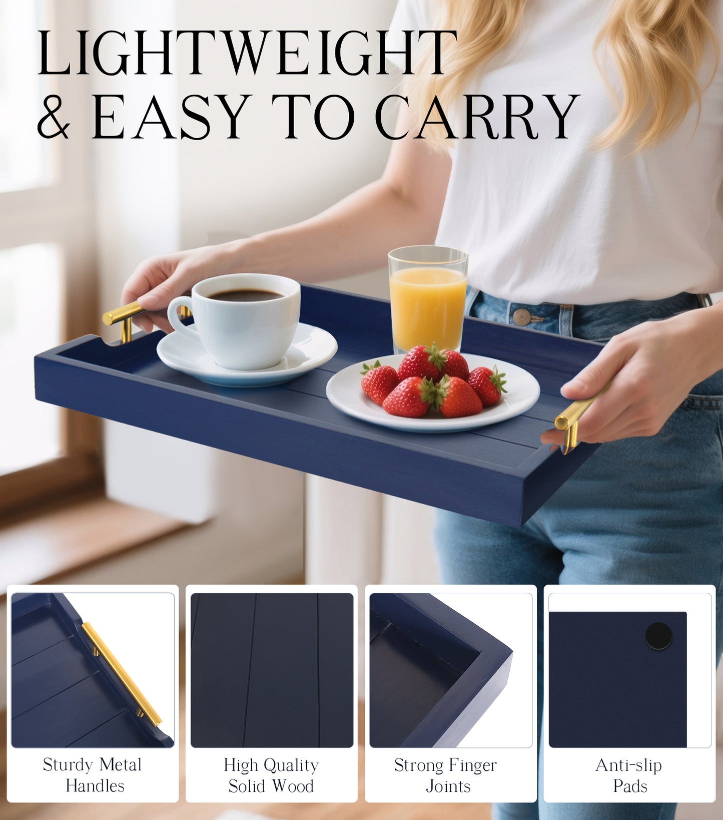Sxnows Coffee Table Trays - Large Ottoman Tray for Living Room -Wood Serving Tray with 2 Sets of Handles - Wooden Tray for Coffee Table, 4 Round Coasters Included(Deep Blue)