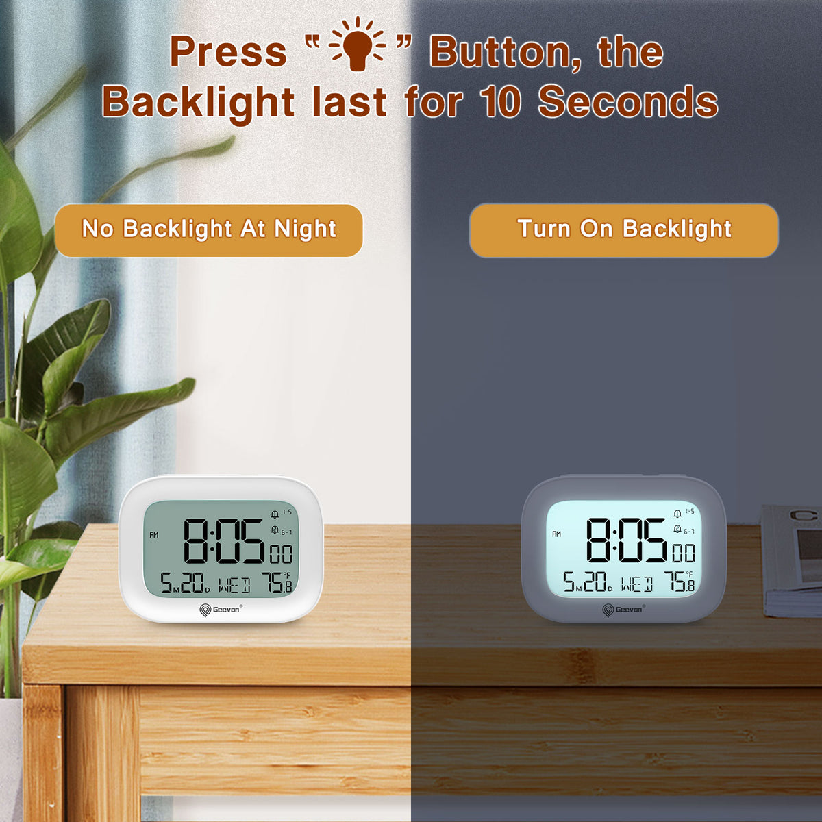 Geevon Small Travel Alarm Clock, Digital Alarm Clocks for Bedrooms Home Office, Battery Operated Desk Clock with 3 Inch Large Display, 2 Alarms, 5s Backlight, Snooze, Indoor Temperature(White)