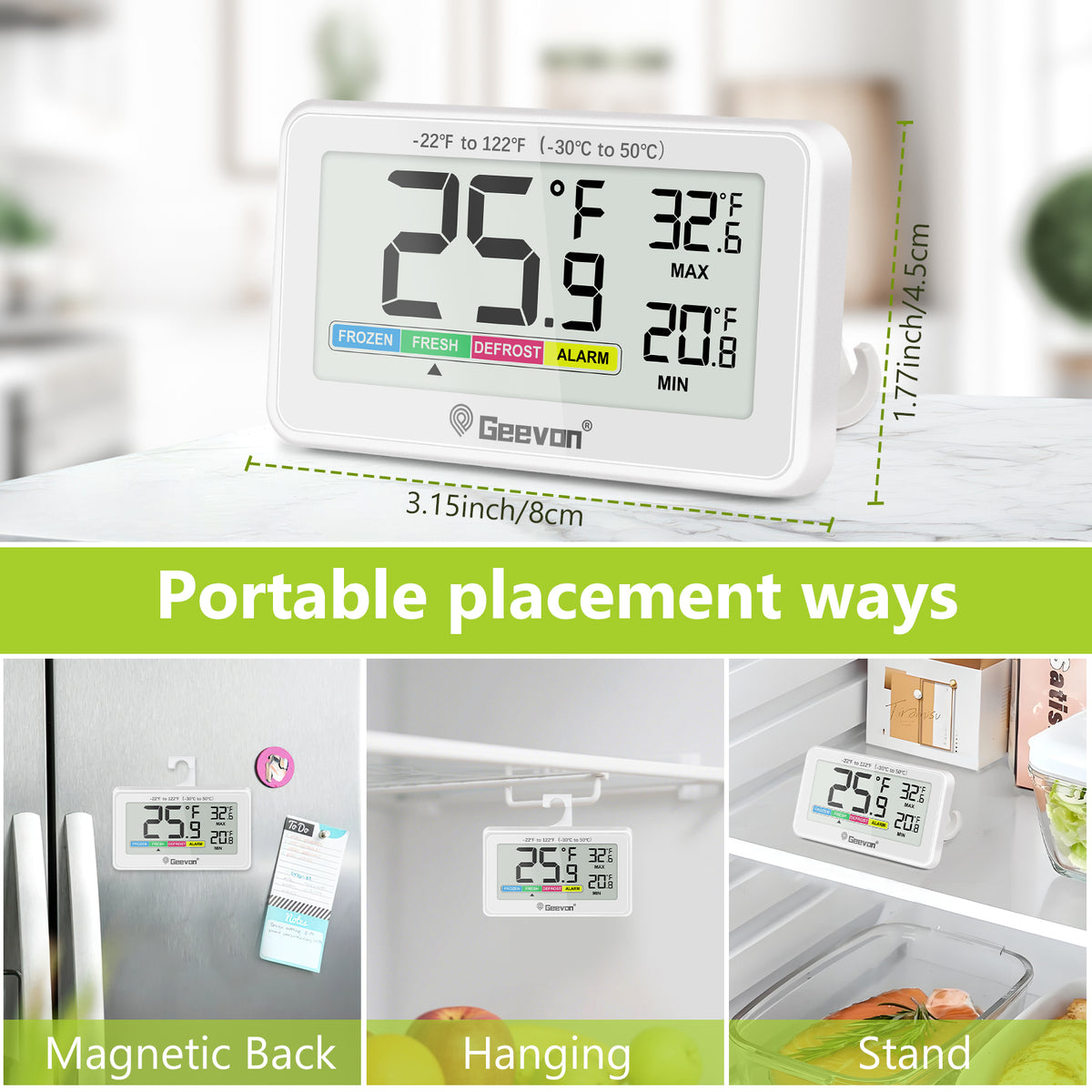 Geevon Digital Refrigerator Thermometers 2 Pack, IP65 Waterproof Fridge and Freezers Thermometer with Magnetic Back Large LCD, Max/Min Record Function for Home, Commercial