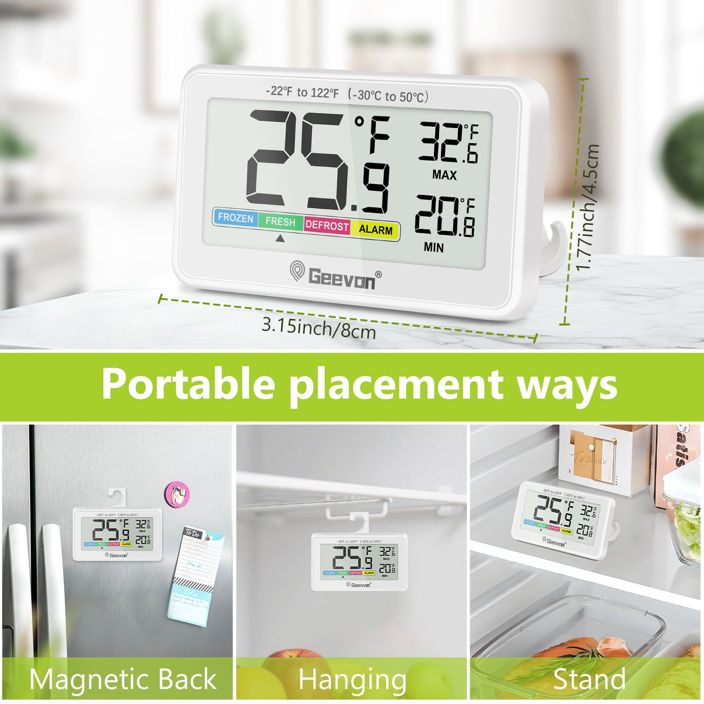 Geevon Digital Refrigerator Thermometers 2 Pack, IP65 Waterproof Fridge and Freezers Thermometer with Magnetic Back Large LCD, Max/Min Record Function for Home, Commercial