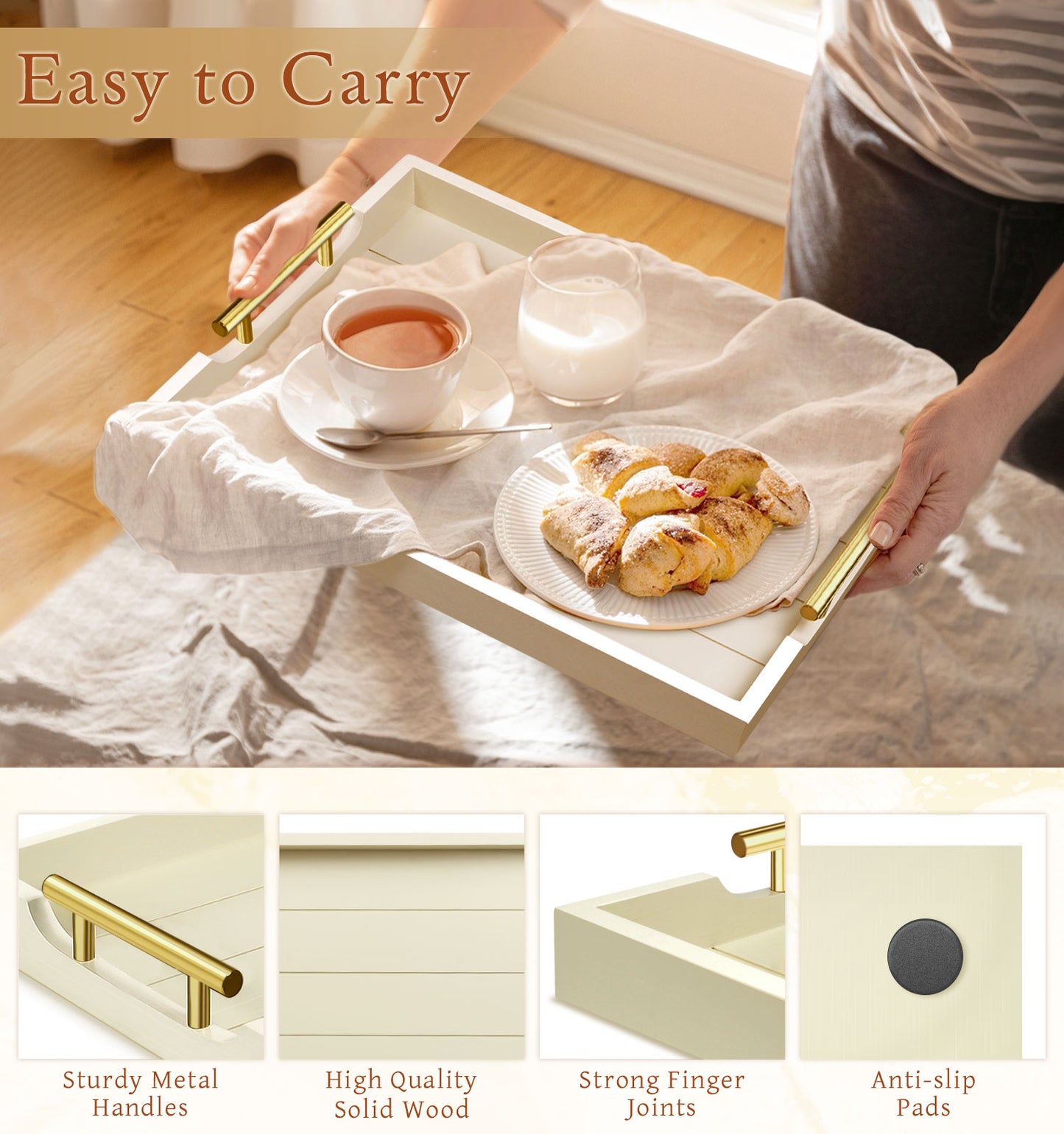 Sxnows Coffee Table Trays - Large Ottoman Tray for Living Room -Wood Serving Tray with 2 Sets of Handles - Wooden Tray for Coffee Table, 4 Round Coasters Included(Off-White)