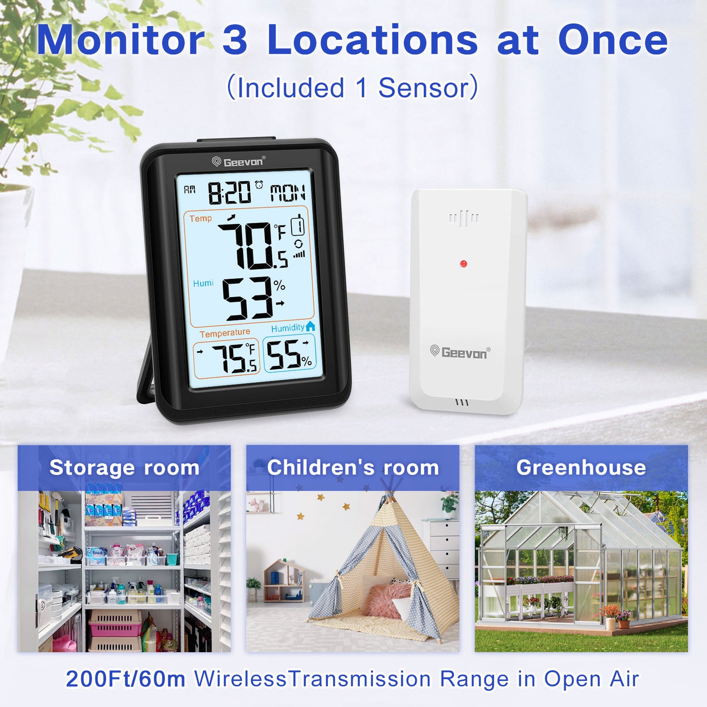 Geevon Indoor Outdoor Thermometer Wireless, Digital Temperature & Humidity Monitor with Alarm Clock, 3.8" Large Display, Backlight, 3 Channels, Battery Operated for Home, Bedroom, Greenhouse