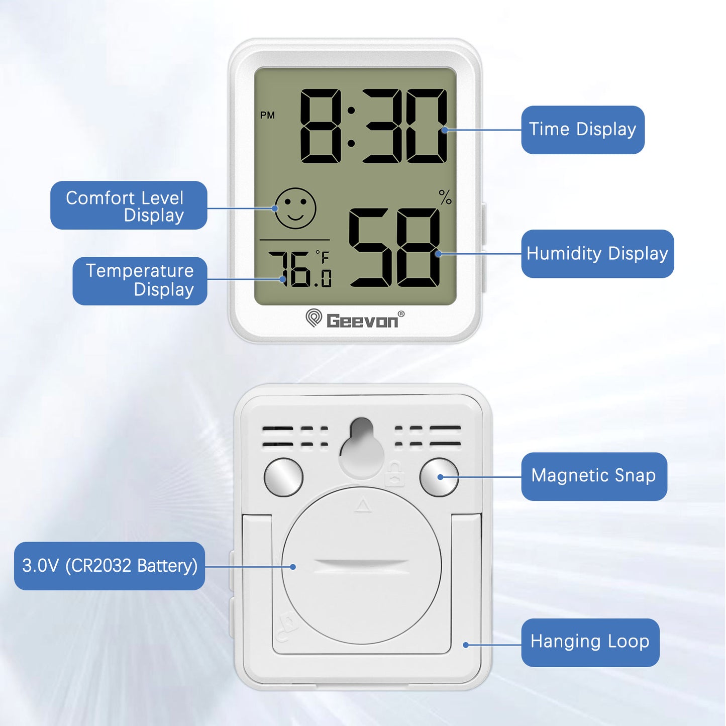 Geevon 4 Pack Digital Hygrometer Indoor Thermohygrometer , Room Thermometer Humidity Meter with Time for Home, Bedroom, Baby Room, Office, Greenhouse, Cellar (White)
