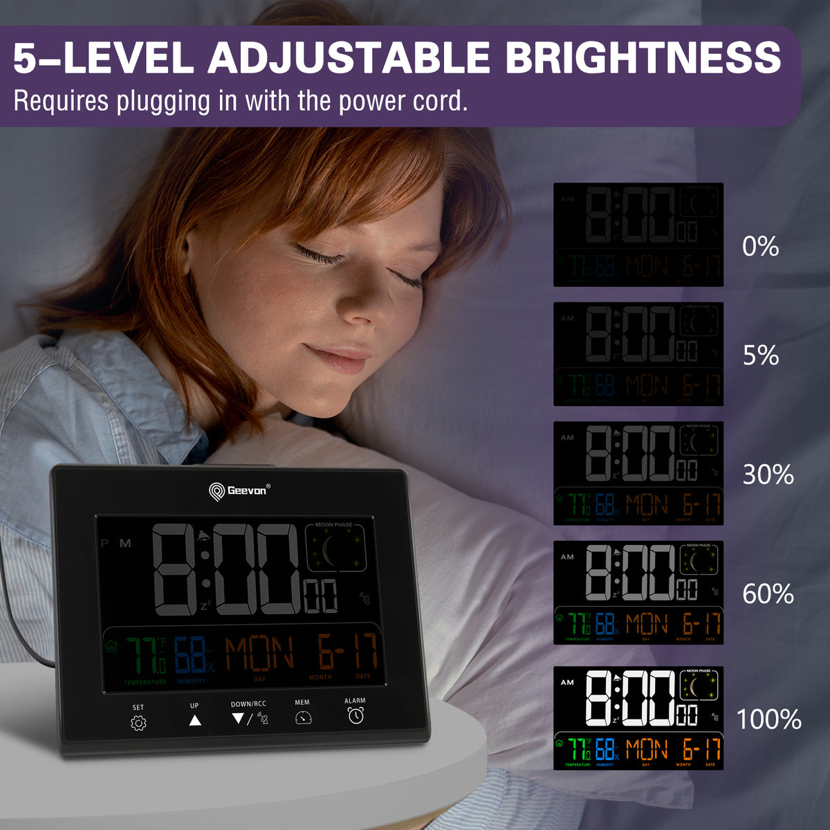 Geevon Digital Atomic Alarm Clocks for Bedrooms with Battery Backup, HD Color Display Atomic Lock with Backlight, 2 USB Ports, Indoor Temperature and Humidity, Moon Phases, Time