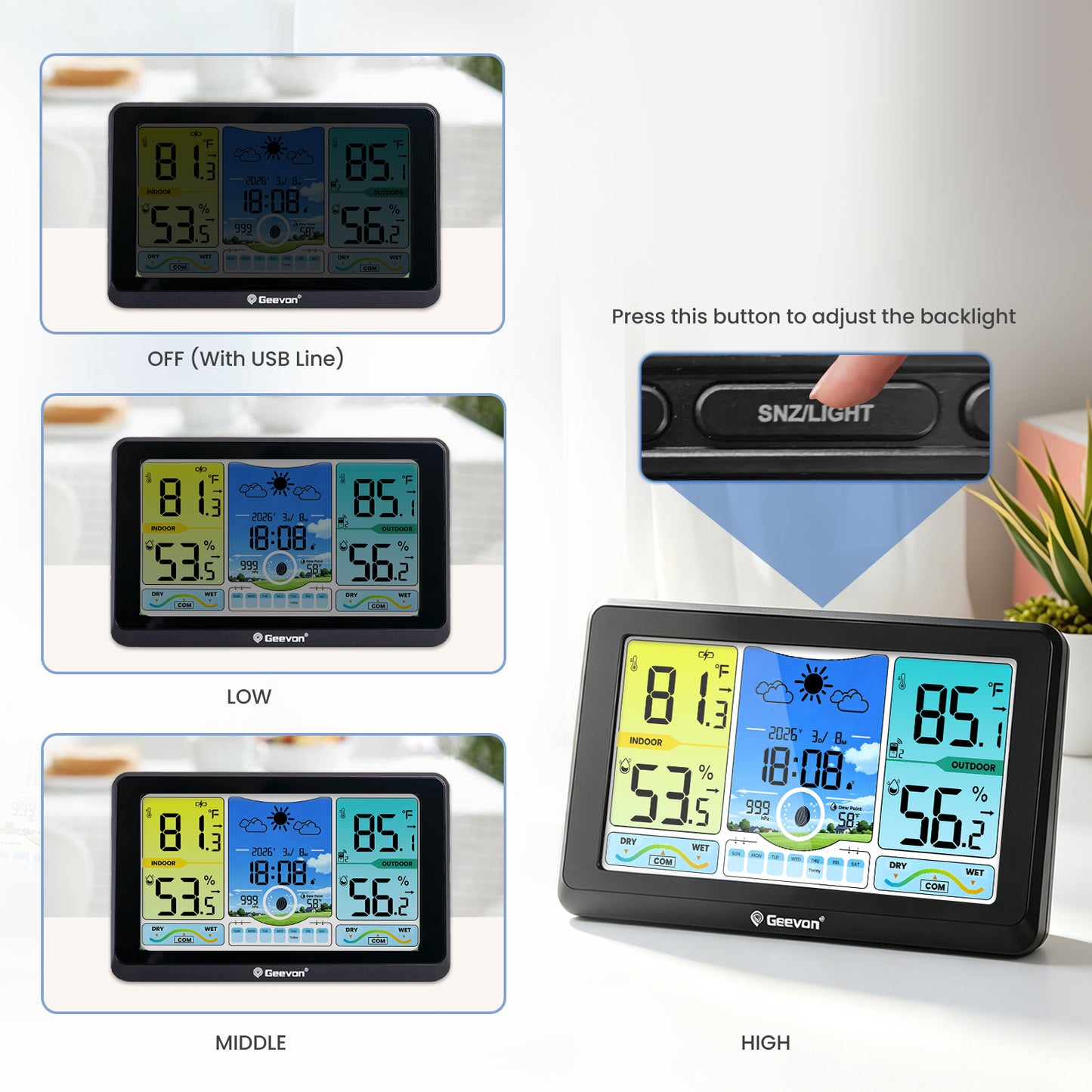 Geevon 7. 5-inch Large Screen Weather Station Wireless Indoor/Outdoor Thermometer Hygrometer with Dew Point, Heat Index, VA Display, Digital Weather Temperature Thermometer
