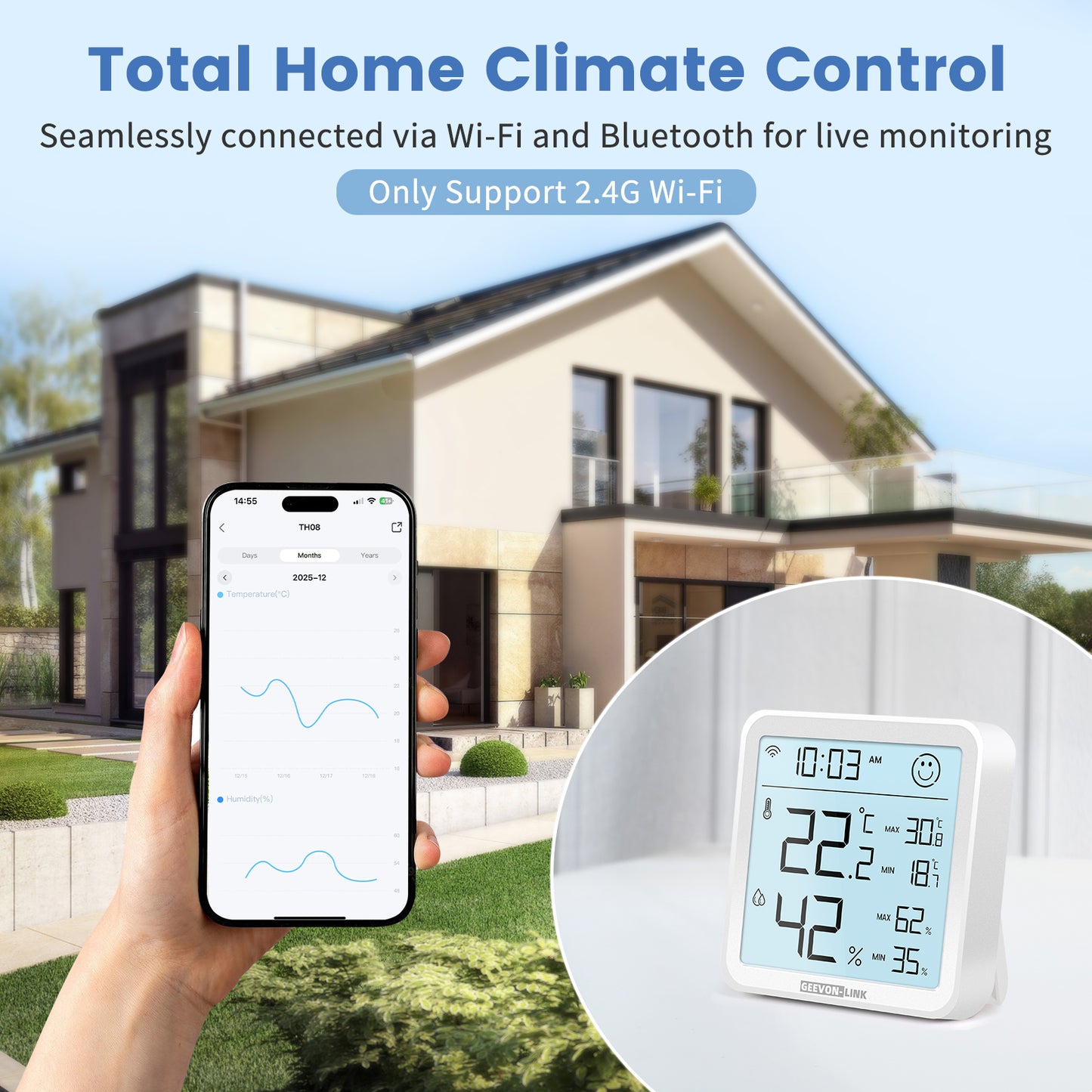 Geevon Indoor WiFi Hygrometer Thermometer, Bluetooth WiFi Humidity Temperature Gauge with Large LCD Display, with Max Min Records, Historical Data Storage and Export for Room Greenhouse(2 Pack )